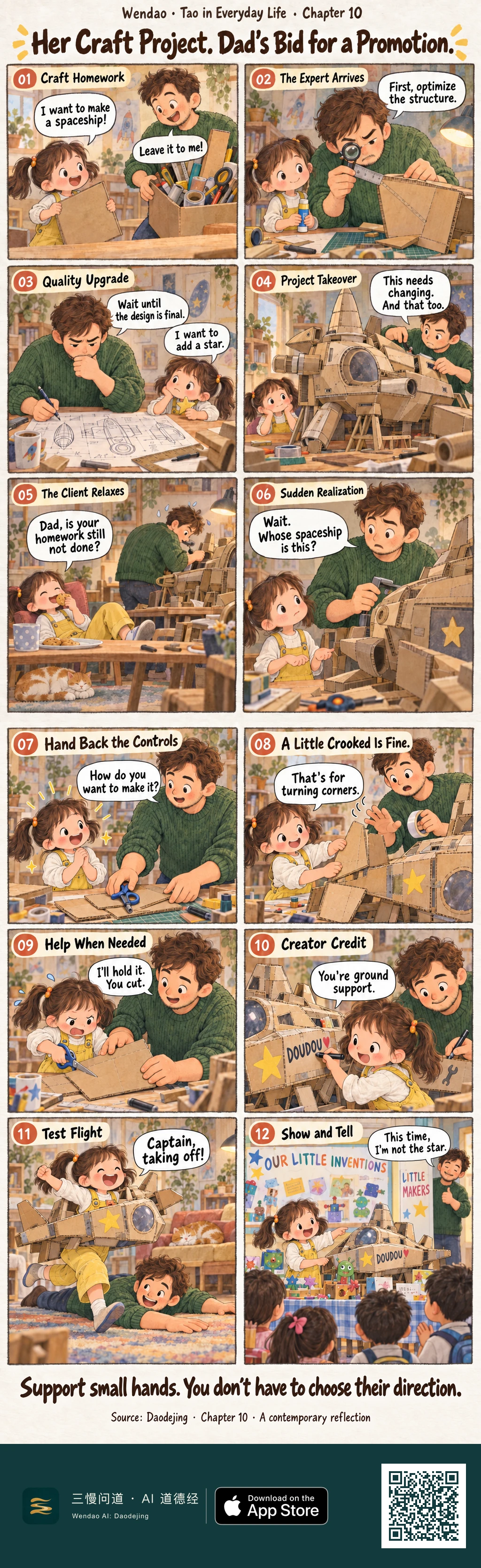 Two-page, twelve-panel watercolor comic about Doudou, a little girl in yellow overalls, and her curly-haired father in a green sweater building a cardboard spaceship. Dad initially takes over with rulers, a magnifying glass, blueprints, and constant redesigns while Doudou becomes a cookie-eating spectator beside a sleeping orange-and-white cat. After realizing the spaceship is supposed to be hers, he asks how she wants to make it, lets her keep an angled piece, steadies cardboard while she cuts, and accepts the role of "ground support." Doudou writes "DOUDOU" with a heart on the ship, wears it for a joyful test flight, and later presents it beneath "OUR LITTLE INVENTIONS" and "LITTLE MAKERS" signs while Dad watches proudly from the doorway.