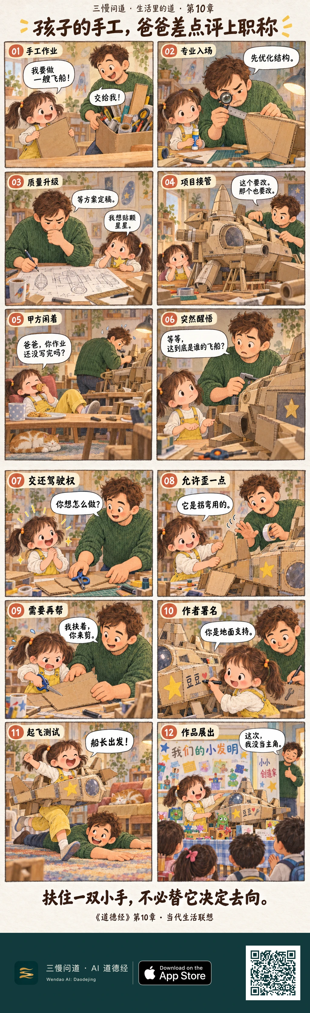 爸爸把女儿的纸板飞船作业越做越专业,女儿反而闲到吃饼干。醒悟后,他把工具交还给豆豆,只在需要时协助。豆豆完成带歪星星和彩窗的飞船,快乐试飞,并在学校自豪展示。底部为三慢问道 App Store 标识与本篇 H5 二维码。