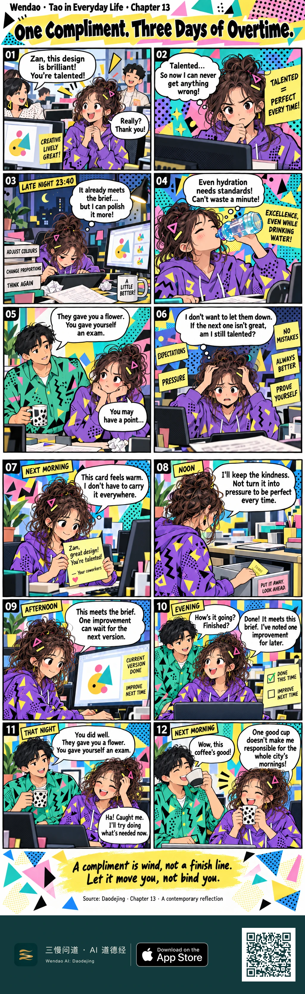 Two-page, twelve-panel Memphis-style office comic with bright triangles, dots, zigzags, and bold colors. Zan, a woman in a purple hoodie with a high curly bun, receives enthusiastic praise for her design, then turns "talented" into a demand for perfection. She works late at 23:40, surrounded by revision notes and crumpled paper, and even treats drinking water as something that needs standards. A man in a green patterned shirt tells her, "They gave you a flower. You gave yourself an exam." The next day Zan keeps the praise card but places it in a drawer, separates finishing the current version from improving the next one, and marks the present task done. That night they laugh together over spotted mugs. The following morning, when he praises her coffee, Zan jokes that one good cup does not make her responsible for the whole city's mornings. The page closes with: "A compliment is wind, not a finish line. Let it move you, not bind you."