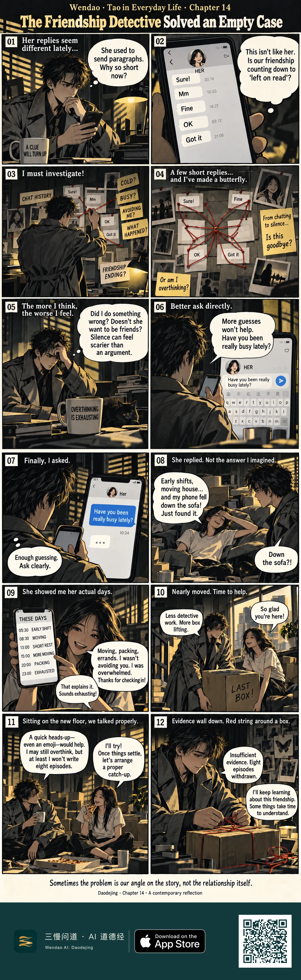 Two-page Film Noir comic in black-and-gold tones. A trench-coated young man studies a friend's unusually short phone replies, builds a red-string evidence wall whose strings form a butterfly, worries beside a black cat and an "OVERTHINKING IS EXHAUSTING" mug, then asks HER directly whether she has been busy. She appears among moving boxes and explains her early shifts, house move, and phone lost down the sofa, then shows a packed daily schedule. He helps lift the box marked "LAST BOX!," and they later sit on the new floor eating pizza and discussing communication. In the final panel, the evidence wall remains in the background while he wraps the red string around a box and withdraws his imagined eight-episode case.