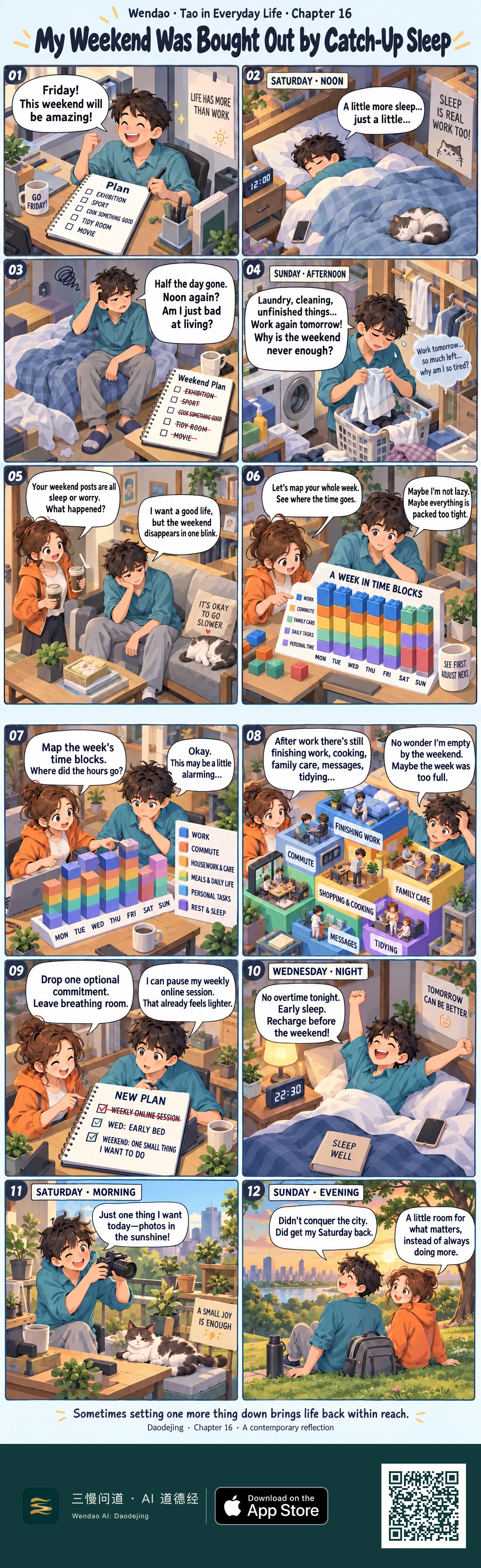 Two-page, twelve-panel isometric-style comic about a teal-shirted young man whose ambitious weekend plan collapses into catch-up sleep and chores. The first page shows his Friday checklist, Saturday noon in bed beside a sleeping gray-and-white cat, crossed-out plans, Sunday laundry, an orange-hoodie friend arriving with drinks, and a colorful weekly time-block chart. The second page expands the schedule into miniature stacked scenes labeled finishing work, commute, shopping and cooking, family care, messages, and tidying. They cross out a weekly online session, plan an early Wednesday bedtime, and keep only one wanted weekend activity. He later prepares for bed at 22:30, takes sunny photos on Saturday morning while the cat rests nearby, and ends Sunday evening sitting with his friend in a park overlooking the city.