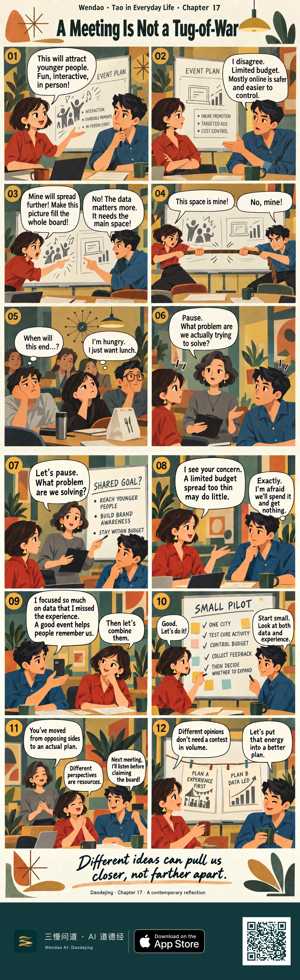Two-page Mid-Century Modern office comic. A red-bloused woman and a blue-shirted man argue over an event plan, literally pull a rope across the meeting room, and bore colleagues who are thinking about lunch. A gray-dressed mediator asks what problem they are solving, leading them to identify shared goals, create a small pilot, and end with the former tug-of-war rope holding two papers labeled "PLAN A / EXPERIENCE FIRST" and "PLAN B / DATA LED".