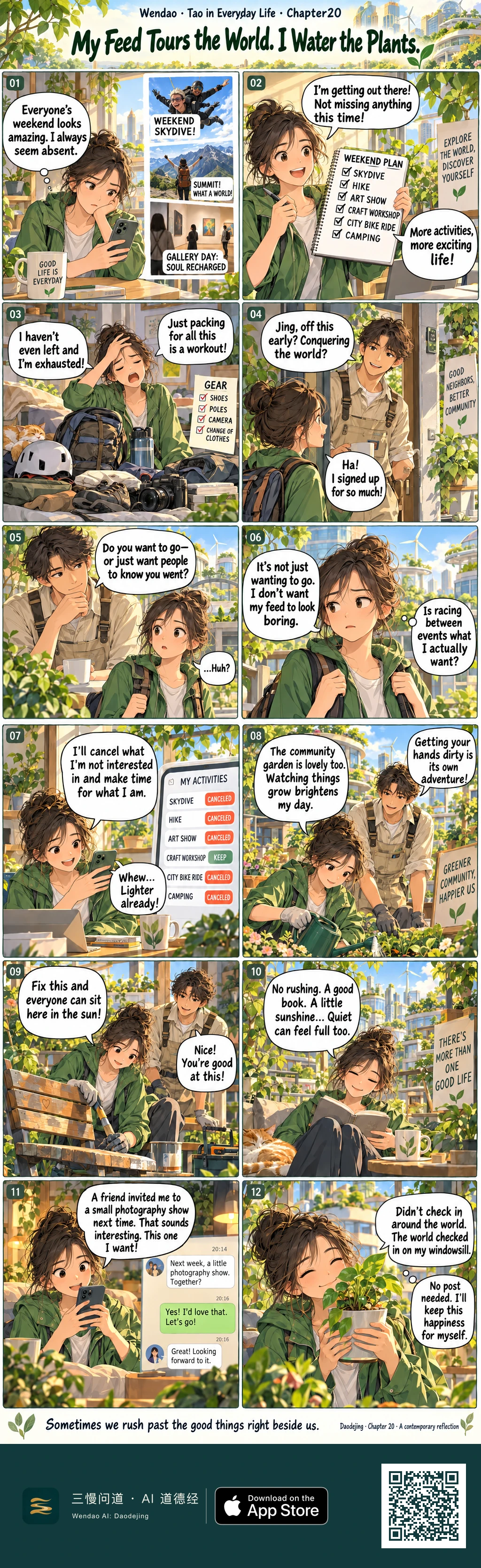 Two-page, twelve-panel solarpunk comic set in a lush sunny eco-city. Jing, a young woman in a green jacket with a messy bun, scrolls through posts about skydiving, mountain summits, and gallery visits, then writes an overloaded weekend plan. Surrounded by a backpack, helmet, camera, shoes, and gear, she becomes tired before leaving home. Her friendly neighbor in beige overalls asks whether she truly wants to go or mainly wants people to know she went. Jing cancels most activities but keeps the craft workshop, waters flowers in the community garden, helps repair a wooden bench, reads beside a sleeping orange-and-white cat, and later happily accepts a friend's invitation to a small photography show. In the final panel she hugs a leafy plant by the window and decides the moment does not need to become a social-media post.