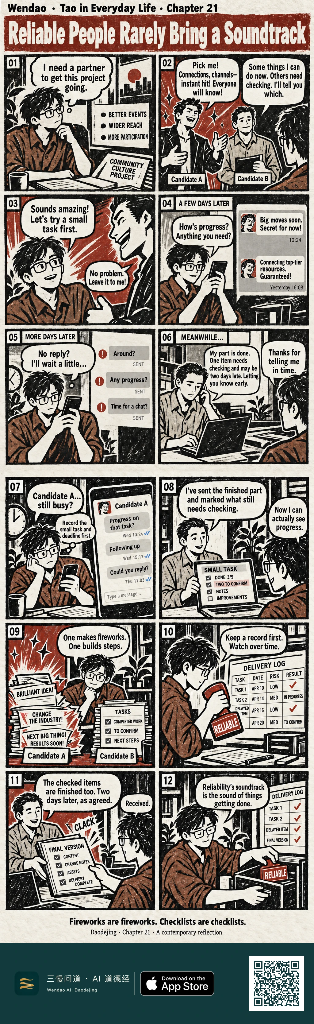 Two-page linocut-style comic in black, rust-red, and cream. A glasses-wearing project lead compares Candidate A's energetic promises with Candidate B's concrete updates. Candidate A is shown with verbal fireworks, bold slogans, and unanswered follow-ups; Candidate B presents checklists, risks, a delivery log, and a completed final version two days later as previously stated. The story ends with all four delivery-log items checked, a red "RELIABLE" stamp being put away, and the line "Reliability's soundtrack is the sound of things getting done."