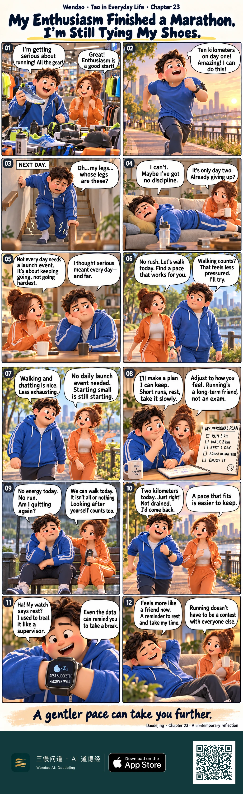A warm six-panel-per-page 3D animated comic follows a curly-haired man in blue sportswear and his woman friend in orange sportswear. He buys abundant running gear, attempts ten kilometers on his first day, struggles on stairs the next day, collapses on a sofa, then learns to walk, rest, and make a flexible notebook plan. On the second page he walks with his friend, adjusts his plan, rests on a bench when low on energy, enjoys a shorter two-kilometer run, laughs when his smartwatch displays "REST SUGGESTED / RECOVER WELL," and finally relaxes on the sofa while his friend holds a mug.