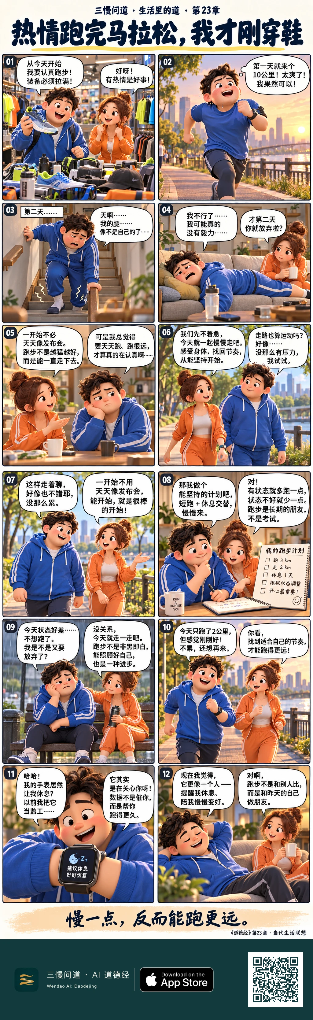 小燃买齐跑步装备后第一天猛跑,第二天扶墙下楼,差点认定自己没毅力。朋友陪他慢走,并一起制定短跑、步行和休息交替的计划。后来他能按状态调整,连运动手表提醒休息时,也终于笑着接受。底部为三慢问道 App Store 标识与本篇 H5 二维码。