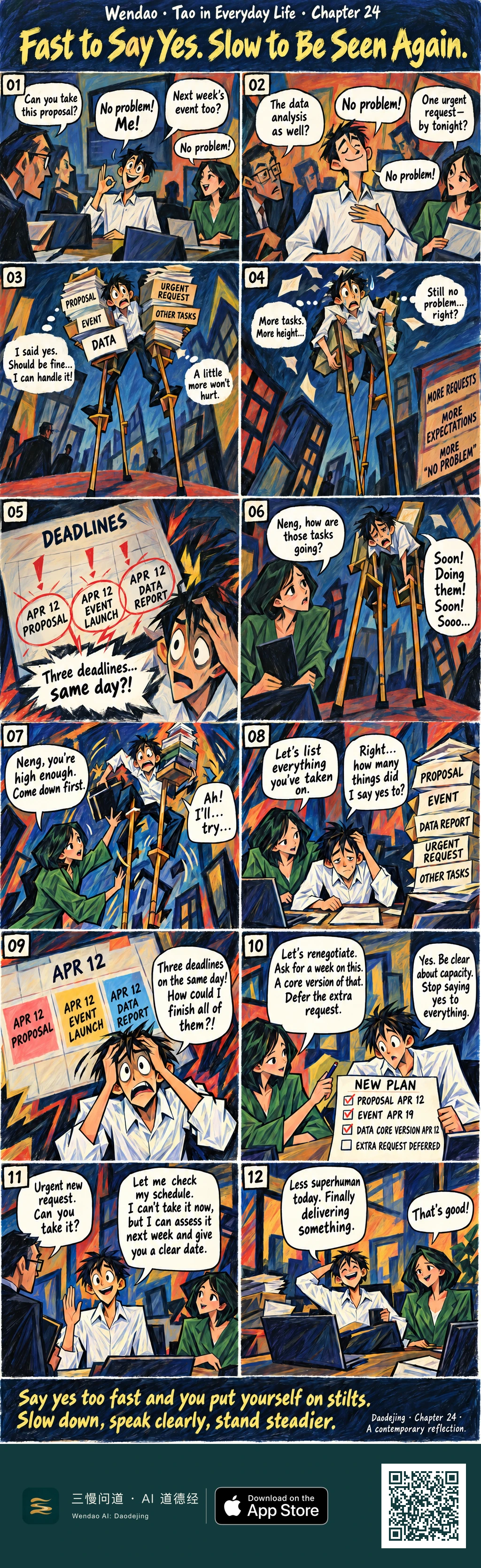Two-page, twelve-panel Expressionist office comic in angular blue, red, yellow, and cream brushwork. Neng, a black-haired man in a white shirt, repeatedly says "No problem!" as a glasses-wearing manager and a green-shirted female colleague add proposal, event, data, urgent, and other tasks. The work becomes towering paper stacks and Neng rises on long wooden stilts. Three deadlines all land on APR 12, leaving him panicked and promising "Soon!" His colleague helps him come down, list the work, and create a NEW PLAN with revised dates, a core data version, and a deferred extra request. When the manager brings another urgent task, Neng checks his schedule instead of instantly agreeing. The final panel shows him relaxed at a normal desk, finally delivering something while his colleague smiles.