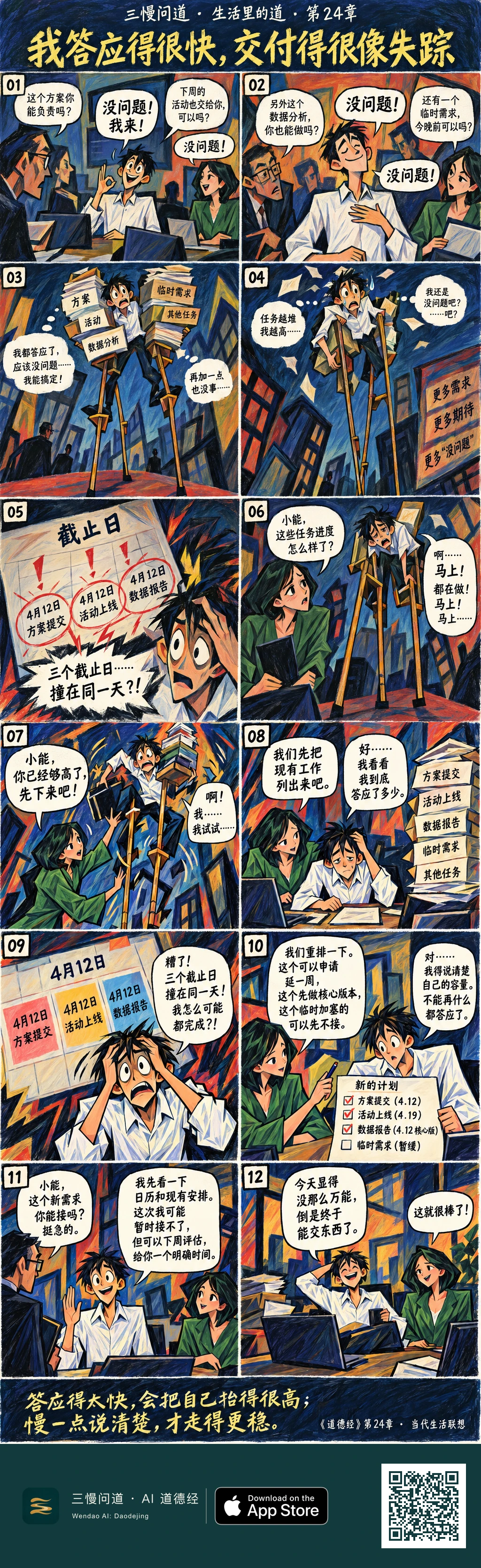 白衫小能在办公室不断答应新任务,方案、活动、数据分析和临时需求堆成高跷,把他越架越高。三个截止日同撞4月12日后,绿衣同事帮他下来,两人重排清单与时间。面对新需求,他先看日历再婉拒,最后坐回工位笑说终于能交东西了。底部为三慢问道 App Store 标识与本篇 H5 二维码。