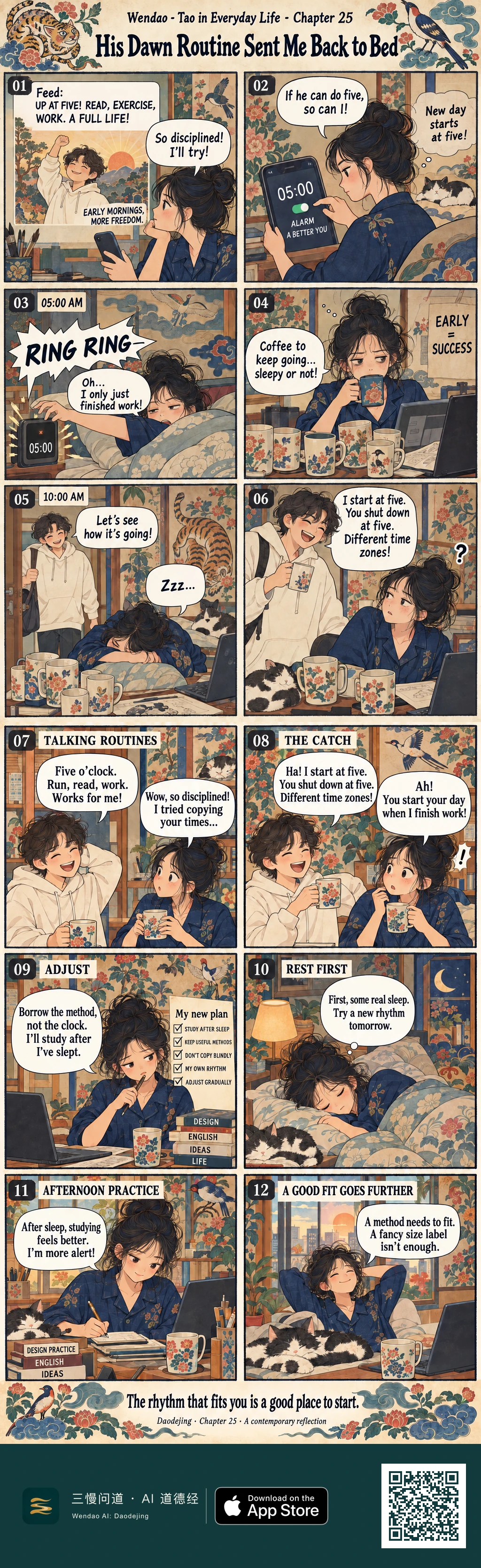 Two-page, twelve-panel folk-art comic with floral, bird, tiger, and cloud motifs. A woman in navy pajamas admires a curly-haired man in a cream hoodie who promotes a 5:00 AM routine, so she sets a 05:00 alarm. The alarm rings just after she has finished work, and she struggles at her laptop behind a growing row of floral coffee mugs before falling asleep at the desk. The man later explains that he starts his day at five while she shuts down at five. She writes a new plan to borrow the method rather than the clock, sleeps first beside a black-and-white cat, studies in the afternoon, and ends relaxed at her desk with the message that a method needs to fit.