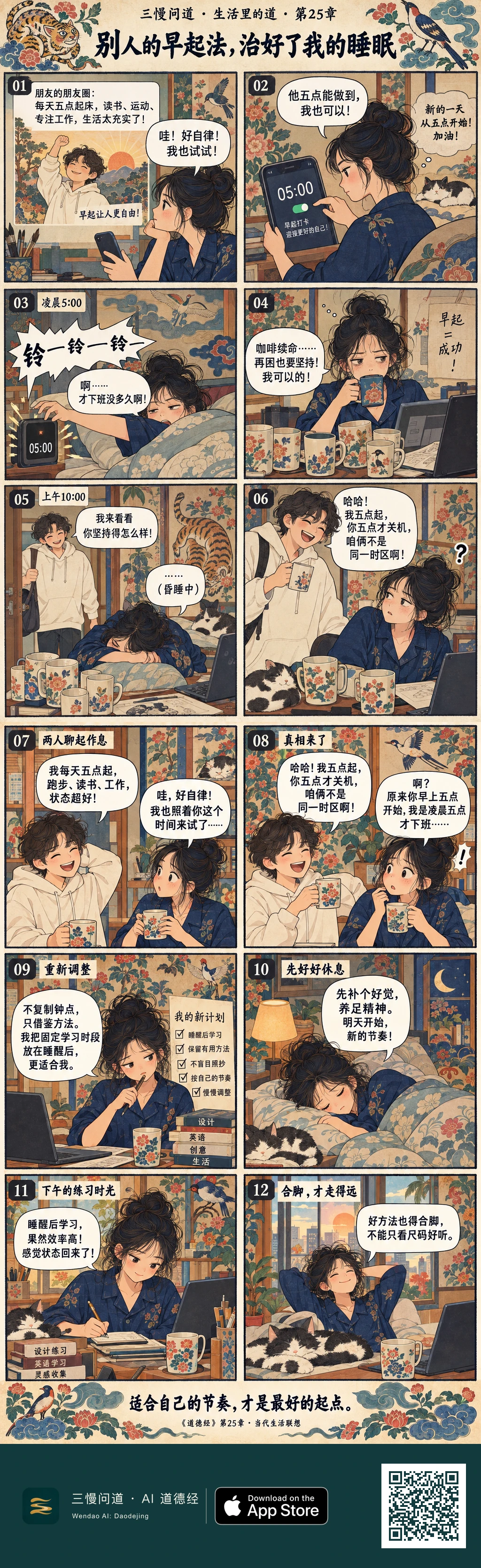 夜班设计师小夜照搬朋友五点早起法,结果刚下班又被闹钟叫醒,桌上堆满咖啡杯。朋友来访后发现两人作息完全错位。小夜改为睡醒后固定学习,下午精神练习,猫在窗边继续安睡。底部为三慢问道 App Store 标识与本篇 H5 二维码。
