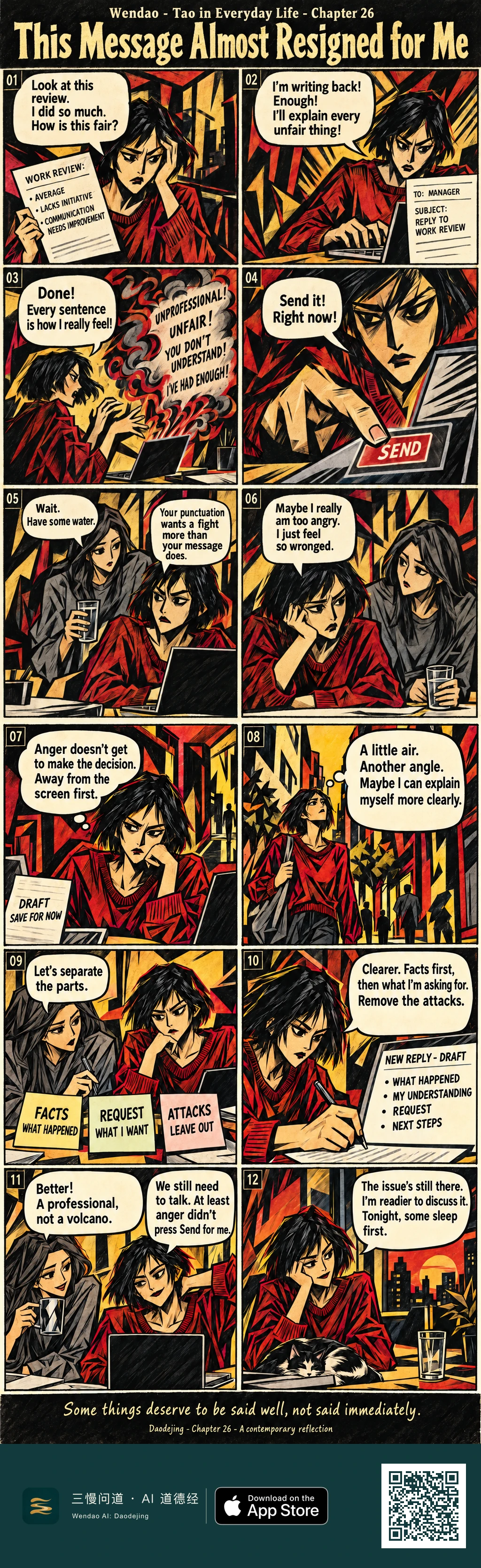 A two-page, twelve-panel German Expressionist-style comic in rough black, red, and gold woodcut textures. A short-black-haired woman in a red sweater receives a negative work review, angrily drafts an email to her manager, and hovers over a red SEND button without pressing it. Her long-dark-haired friend in a gray sweater brings a glass of water and jokes that the punctuation wants a fight. The woman admits she is angry and feels wronged, saves the email as a draft, takes a walk through an angular city street, and returns to sort the response into note cards for facts, requests, and attacks to leave out. She rewrites the reply as a draft organized around what happened, her understanding, her request, and next steps. The friend jokes that she now looks like a professional rather than a volcano. In the last panel, the unresolved issue remains, but the woman rests beside a black-and-white cat, a water glass, her laptop, and a sunset, deciding to sleep before discussing it.
