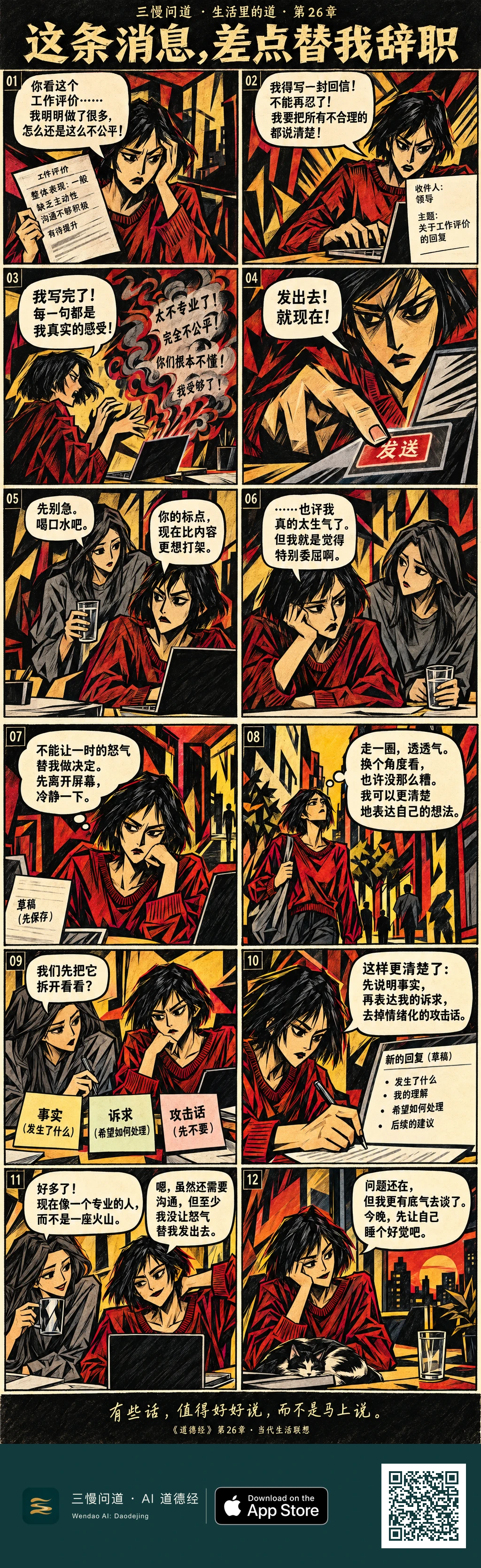 小火因不公平的工作评价写出怒气冲天的回信,手指停在发送键前。朋友递水提醒她标点太想打架。她保存草稿、走开冷静,再把内容分成事实、诉求和攻击话,最后重写成清楚的沟通邮件。底部为三慢问道 App Store 标识与本篇 H5 二维码。