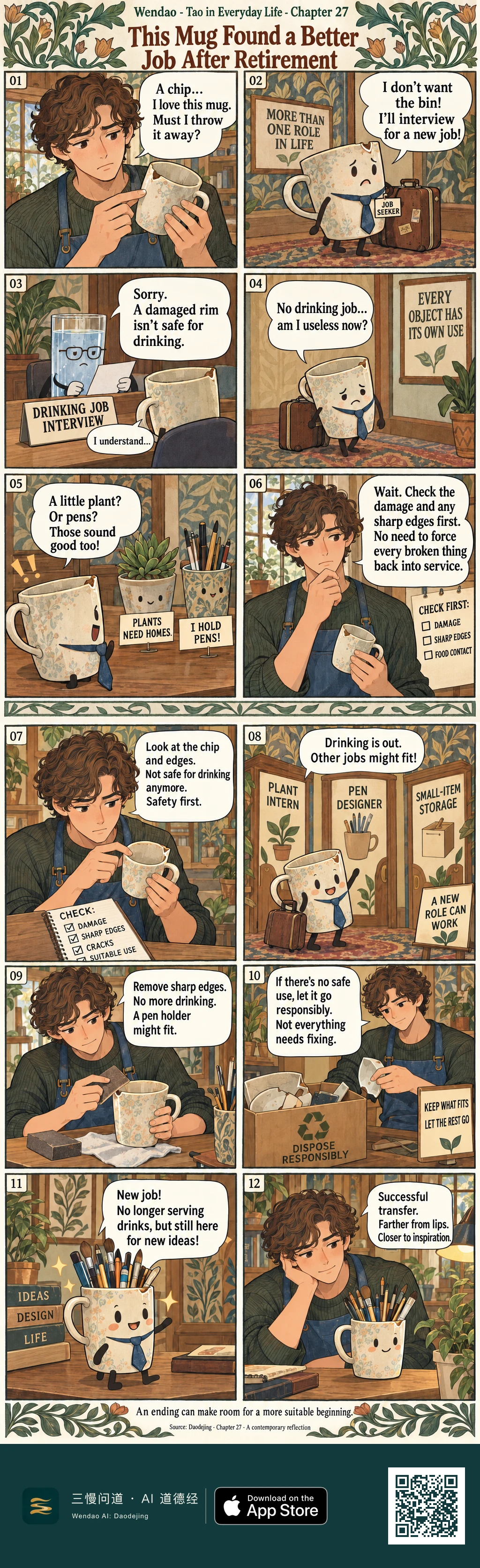 A twelve-panel Arts and Crafts-style comic with botanical borders follows a curly brown-haired man in a green sweater and blue apron and an anthropomorphic chipped floral mug. The mug wears a blue tie, carries a suitcase, interviews with a bespectacled glass for a drinking job, considers plant, pen, and storage roles, undergoes damage and sharp-edge checks, retires permanently from drinking use, and finally becomes a pen holder on the man's desk while unrelated broken pieces are placed in a box labeled "DISPOSE RESPONSIBLY."