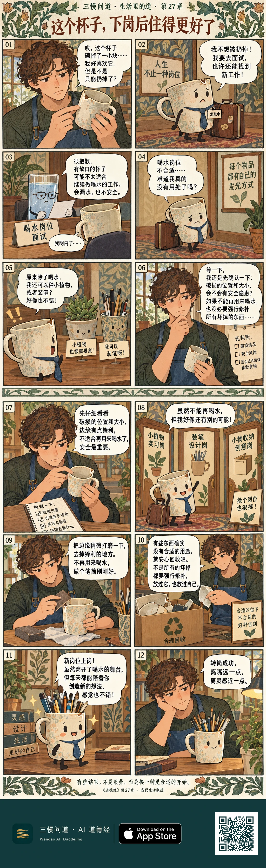 小修发现花纹杯缺了一角,想扔又舍不得。杯子幻想拖行李找工作,喝水岗落选,却发现植物、装笔等新岗位。小修检查安全后停止用它饮水,处理边缘改成笔筒,并回收其他无用途破损物。最后杯子装满画笔,在书桌上成功“转岗”。底部为三慢问道 App Store 标识与本篇 H5 二维码。
