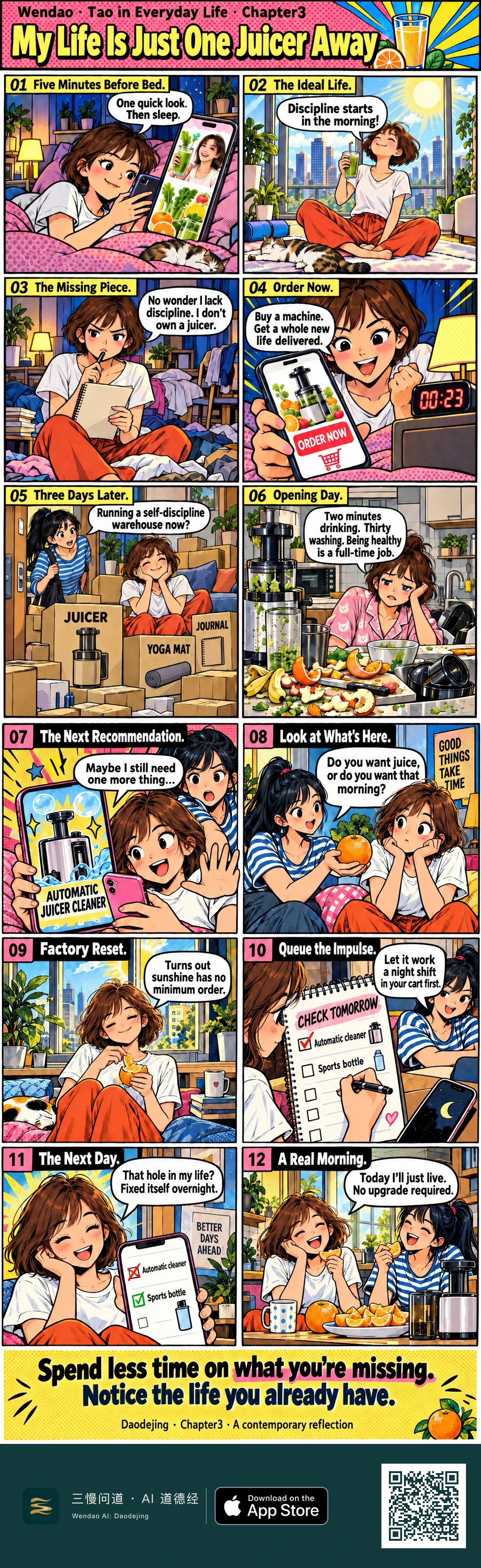 Two-page Pop Art comic with halftones and bold red, yellow, and cyan accents. A brown-haired woman scrolls in bed beside a calico cat, imagines a sunny disciplined life with green juice, orders a juicer at 00:23, and later faces boxes, fruit scraps, and dirty juicer parts. Her striped-shirt friend offers an orange and asks whether she wants juice or the imagined morning. The woman delays an automatic juicer cleaner overnight, crosses it off the next day while keeping a sports bottle, and ends by sharing oranges with her friend in a bright kitchen.