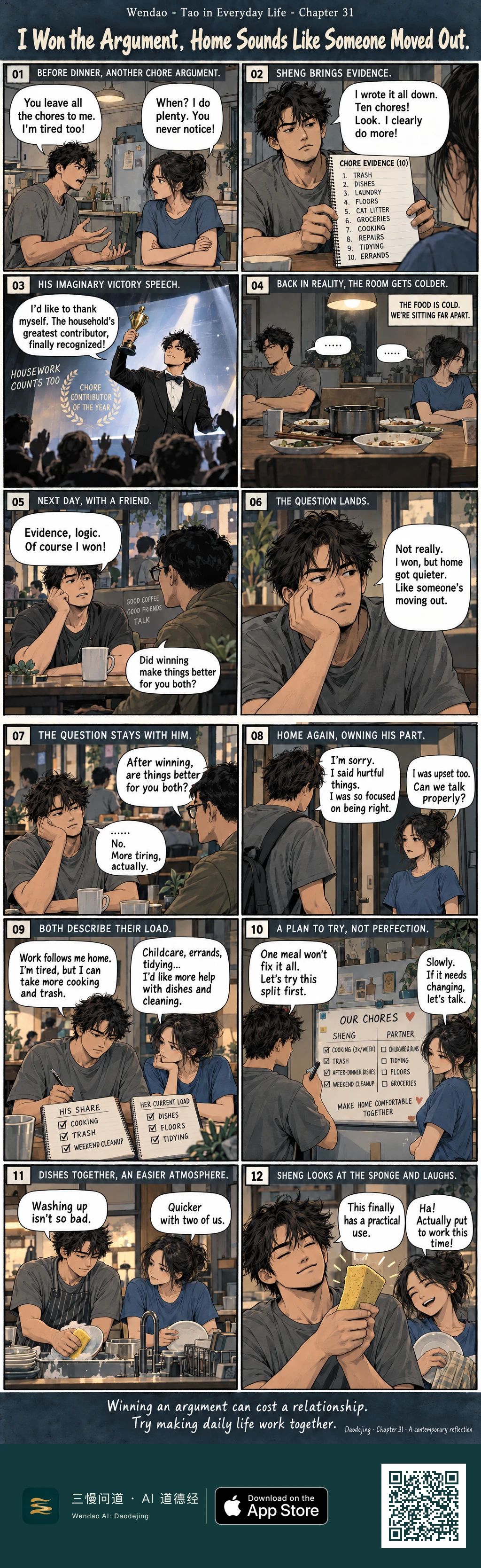 Two-page, twelve-panel painted graphic novel about Sheng and his partner arguing over household chores. Sheng presents a ten-item chore notebook, imagines himself receiving a trophy for being the household's greatest contributor, then returns to a cold, silent dinner where the couple sit far apart. A bespectacled friend asks whether winning actually improved things, prompting Sheng to admit it made home more tiring and quiet. Back home, Sheng apologizes, the couple discuss their separate loads using notebooks, and they write a trial chore split on a whiteboard. The final panels show them washing dishes together before Sheng jokingly holds up a yellow kitchen sponge as something finally put to practical use, making his partner laugh.