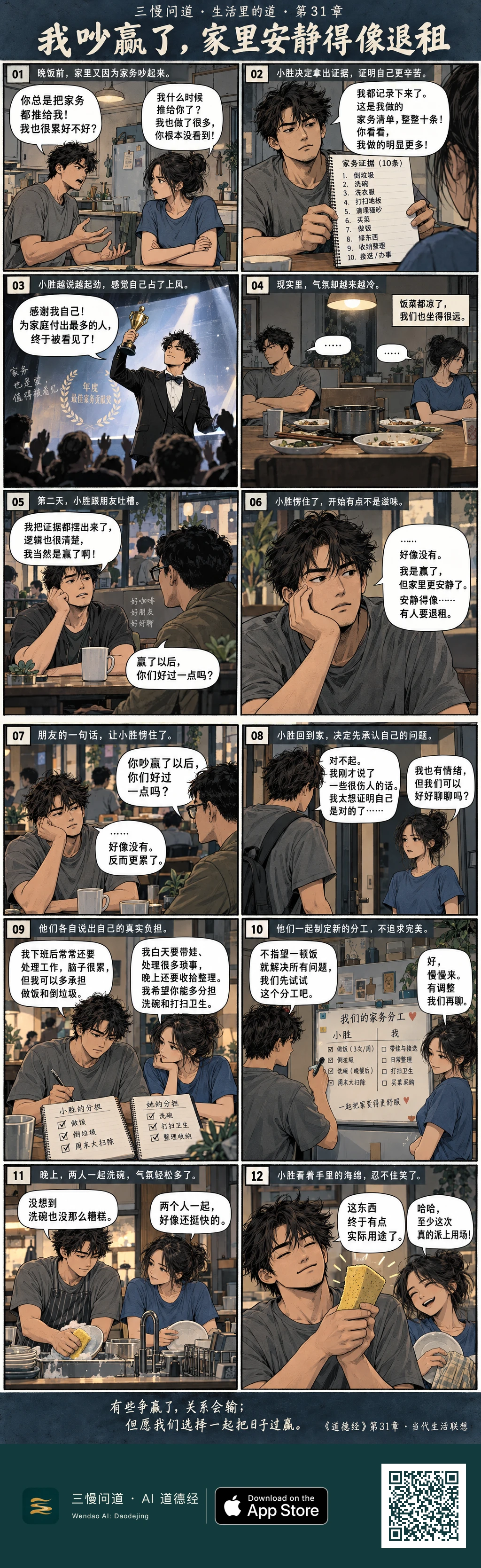情侣因家务争执,小胜列出十条证据并幻想领奖,现实中饭菜变凉、两人沉默。朋友一句追问让他回家道歉,双方说清具体负担并重新分工。最后两人一起洗碗,小胜把海绵当作真正有用的“奖杯”。底部为三慢问道 App Store 标识与本篇 H5 二维码。