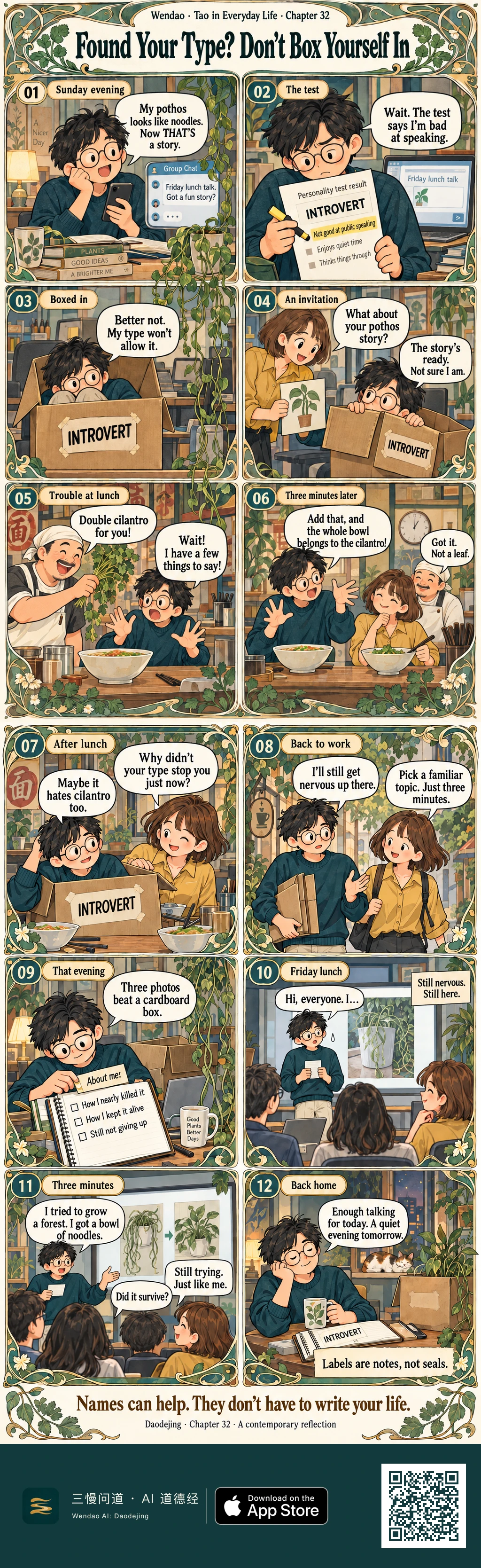 A two-page Art Nouveau comic follows Lin, a bespectacled man surrounded by pothos plants, from wanting to share a funny plant story to hiding inside a cardboard box labeled INTROVERT after reading a personality test. A cilantro-heavy lunch unexpectedly gets him talking, Yuan encourages him to try a familiar three-minute topic, and he later gives a nervous but funny office presentation about his noodle-like pothos. The story ends at home with tea, a sleeping cat, the INTROVERT label stored in his notebook, and the message, "Labels are notes, not seals."