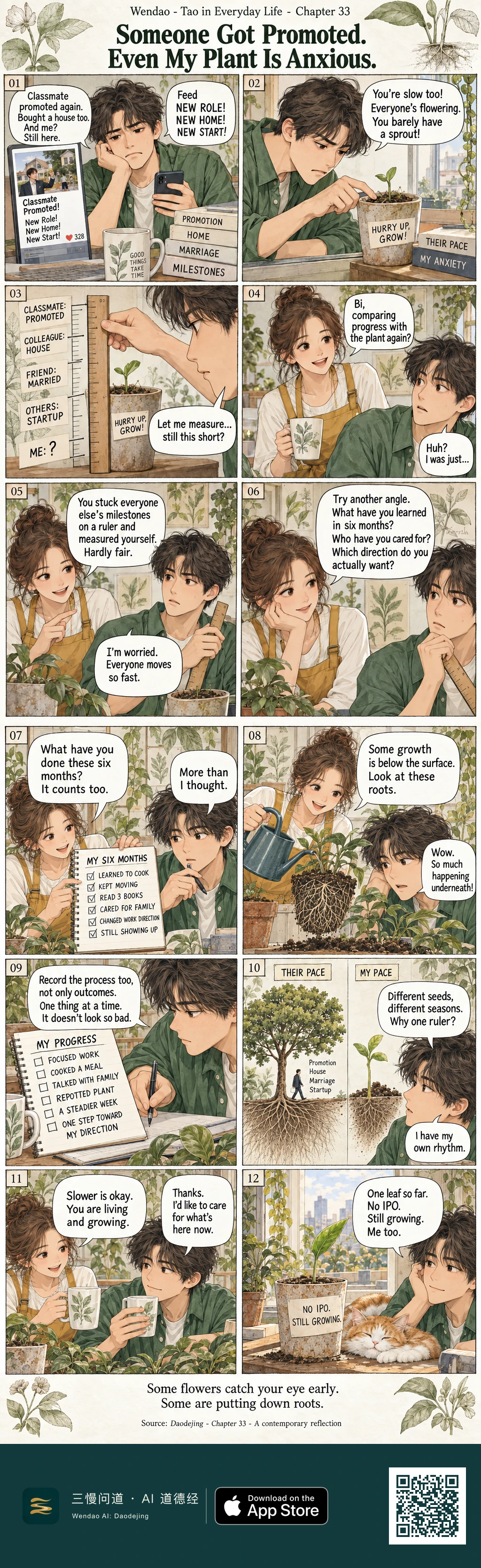 Two-page botanical watercolor comic in twelve panels. Bi, a dark-haired young man in a green shirt, becomes anxious after seeing a classmate's promotion and new home, compares himself with milestones and even measures a tiny seedling with a ruler. A woman in mustard overalls helps him review a six-month checklist and shows him the dense roots of a larger plant. Bi begins recording everyday progress, contrasts "THEIR PACE" with "MY PACE," and ends beside the original small seedling and a sleeping orange-and-white cat. The pot reads "NO IPO. STILL GROWING."