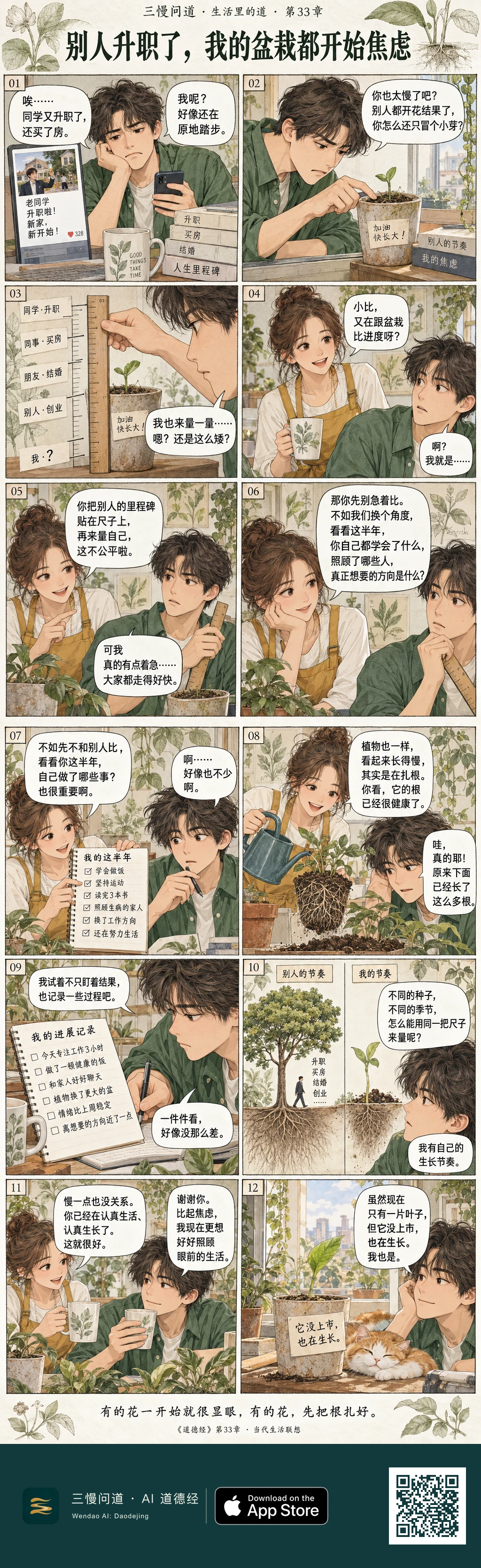 小比因同学升职买房而焦虑,甚至拿尺子比较自己和盆栽的进度。朋友陪他翻看半年记录,又让他看见植物土下的根。小比开始记录自己的小变化,最后望着只长一片叶子的盆栽笑说:“它没上市,也在生长。我也是。”底部为三慢问道 App Store 标识与本篇 H5 二维码。
