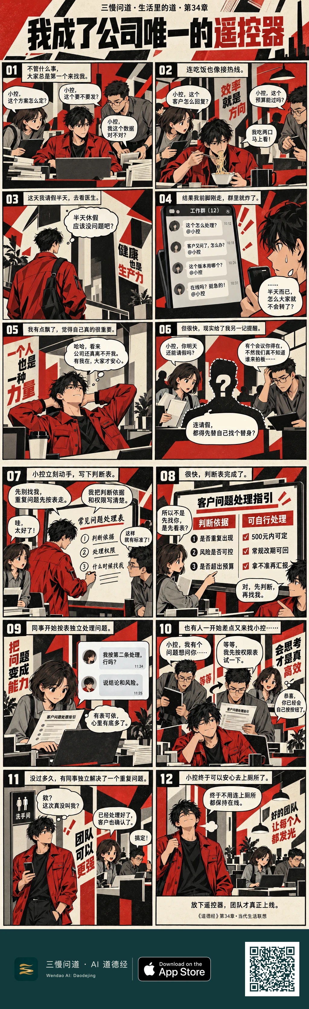 红工装组长小控被两名同事事事追问,连吃饭和请假都像保持在线。休假暴露团队依赖后,他写出判断依据和权限表,让同事先自行处理。最终有人独立解决问题,小控站在洗手间旁发现手机安静了,失落片刻后终于松了口气。底部为三慢问道 App Store 标识与本篇 H5 二维码。