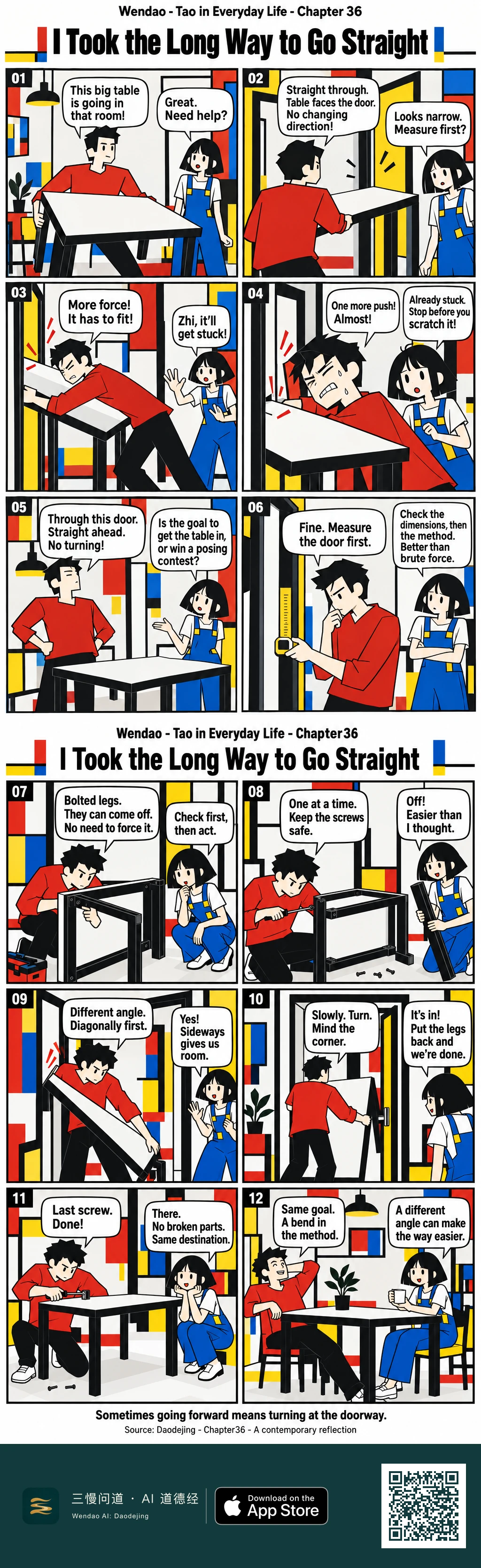 A two-page, twelve-panel De Stijl-style comic in red, blue, yellow, black, and white. Zhi, a spiky-haired man in a red shirt, first tries to force a large white table straight through a narrow doorway while a bob-haired woman in blue overalls suggests measuring. The table gets stuck, so Zhi uses a yellow tape measure, examines the bolted frame, removes the legs with a hand tool, and carries the tabletop diagonally through the doorway while his companion guides him. He then reassembles the table inside. In the final panel they sit relaxed on opposite sides of the completed table with a green plant and a cup, reflecting that the goal stayed the same even though the method had to bend.