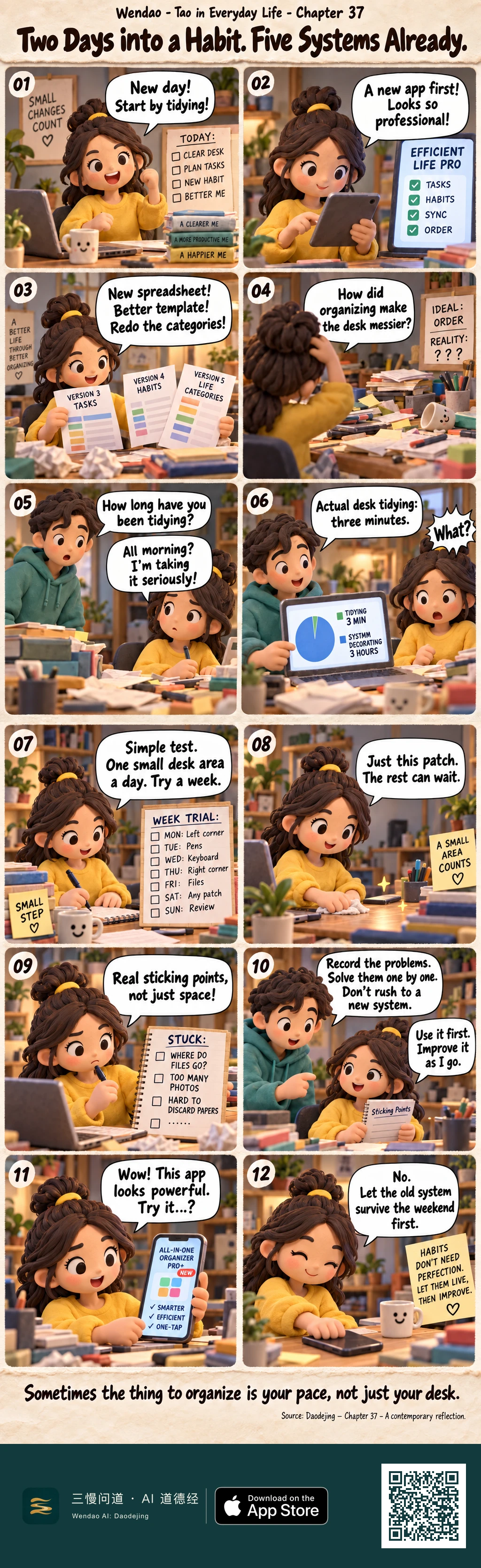 A twelve-panel handmade-clay-style comic set at a warm, cluttered desk. A brown-haired woman in a mustard sweater begins a desk-tidying habit, tries a productivity app, creates several spreadsheet versions, and ends up with a messier workspace. Her brown-haired friend in a teal hoodie shows a chart revealing three minutes of tidying versus three hours of system decorating. She then tries a one-week plan with one small desk area per day, wipes a single patch, lists concrete sticking points, and agrees to solve them one at a time. When a new all-in-one organizing app appears on her phone, she resists it, places the phone down, and decides to let the old system survive the weekend first.