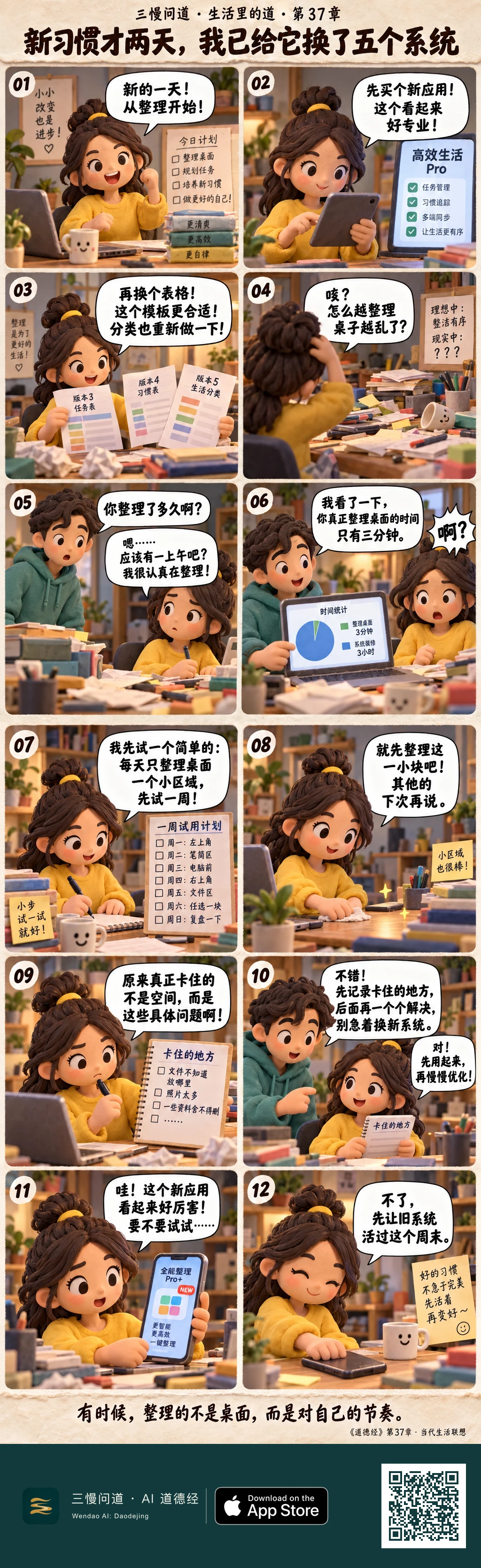 小改想养成晨间整理习惯,却忙着买应用、换表格、改分类,桌面越来越乱。朋友发现她真正整理只有三分钟,系统装修却用了三小时。她改成一周小范围试用,记录实际卡点,最后面对新应用推荐,把手机反扣:先让旧系统活过这个周末。底部为三慢问道 App Store 标识与本篇 H5 二维码。