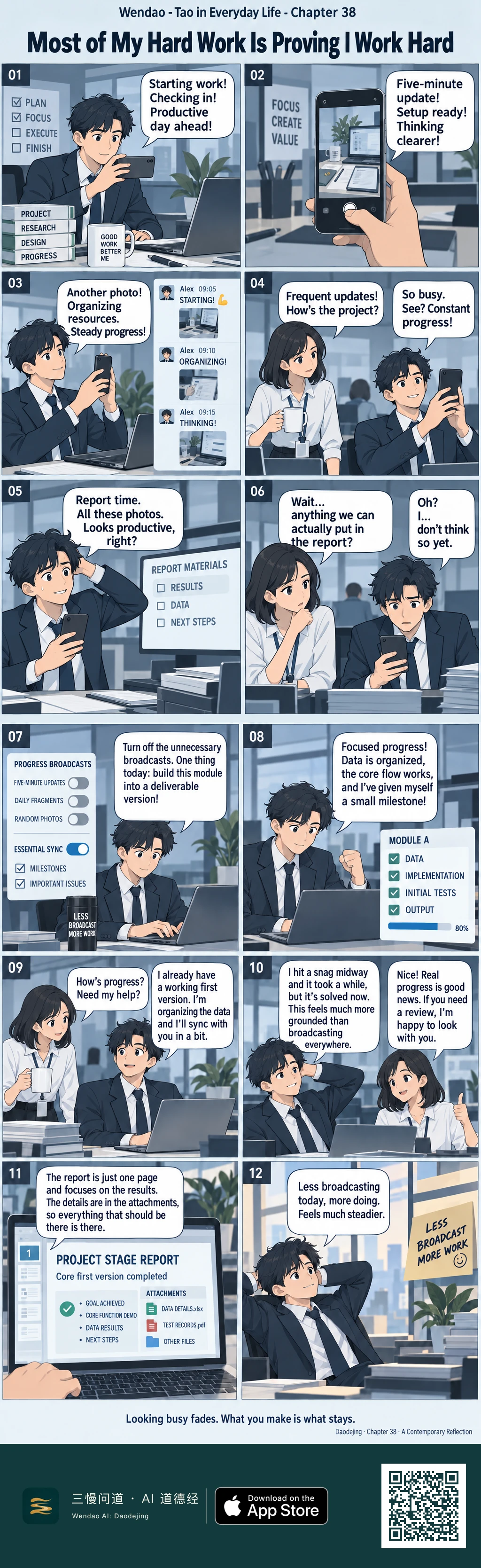 A twelve-panel blue-gray office comic follows Alex, a dark-haired man in a navy suit, from constant productivity posting to more focused work. He photographs his desk, laptop, books, and progress repeatedly, then discovers that his report has no results, data, or next steps to show. He turns off unnecessary update broadcasts, keeps essential syncs, develops Module A to a visible 80% with a working first version, solves a problem, reviews progress with a bob-haired coworker in a white blouse, and finishes with a concise project report and attachments. The final office scene shows Alex leaning back beside a note reading "LESS BROADCAST MORE WORK."