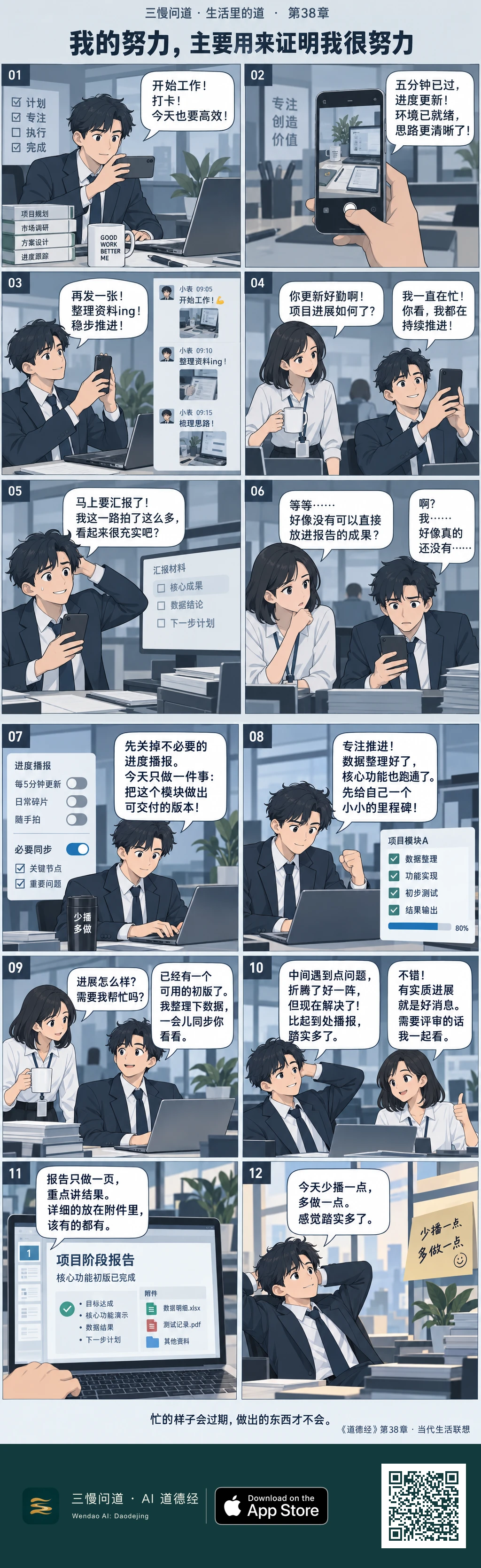 小表频繁拍照播报工作,工位看起来很忙,汇报前却发现没有成果可交。他关掉无必要更新,只保留关键同步,专心完成模块并解决问题。最后报告虽只有一页,却附上了可用的数据和测试材料。底部为三慢问道 App Store 标识与本篇 H5 二维码。
