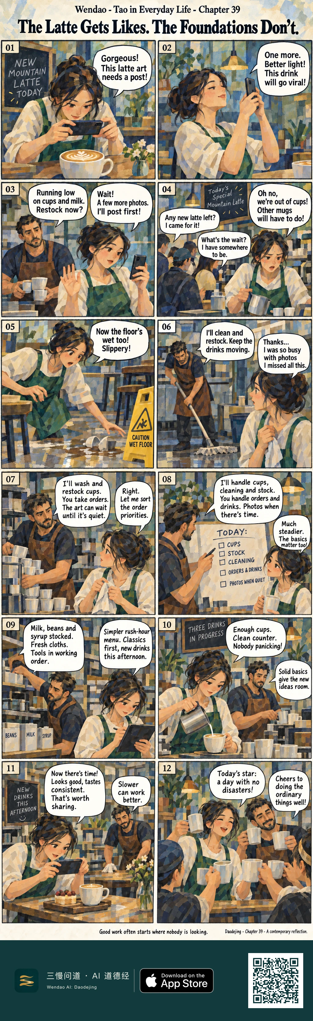 A twelve-panel Post-Impressionist café comic in muted blue, green, and ochre tones. A woman with a dark bun, white blouse, and green apron repeatedly photographs a mountain-pattern latte while a bearded man in a brown apron notices cups and milk running low. Waiting customers, empty cups, a spilled drink, and a yellow CAUTION WET FLOOR sign turn the photo session into a small café crisis. The man mops, washes cups, and restocks while the pair reorganize their work on a TODAY board listing cups, stock, cleaning, orders and drinks, and photos when quiet. Labeled containers for beans, milk, and syrup appear as the workflow settles. Later the woman pours calmly beneath a THREE DRINKS IN PROGRESS board, photographs the latte only when the café is quiet, and finally joins the man and other customers or coworkers in raising plain white mugs. The closing text reads, "Good work often starts where nobody is looking," followed by "Daodejing - Chapter 39 - A contemporary reflection."