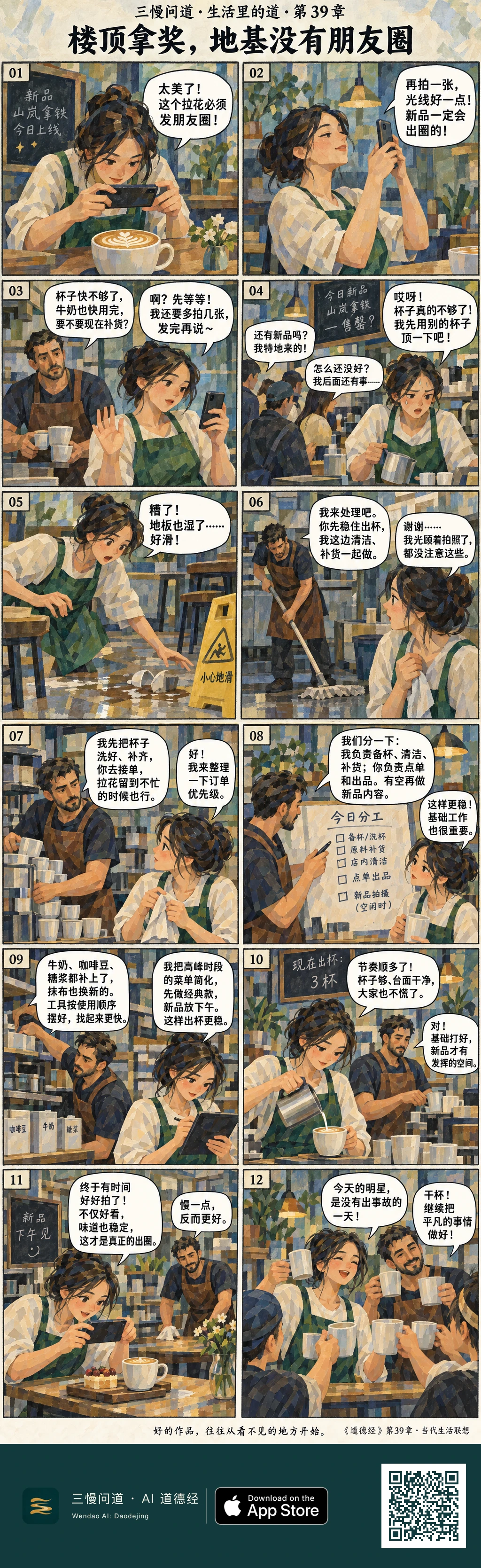 社区咖啡店推出新品拉花,店主忙着拍照却忽略杯子、牛奶和湿滑地面。后厨同事补位后,两人重排备杯、补货、清洁和出品流程。忙完后大家举普通白杯,笑称今天的明星是“没有出事故的一天”。底部为三慢问道 App Store 标识与本篇 H5 二维码。