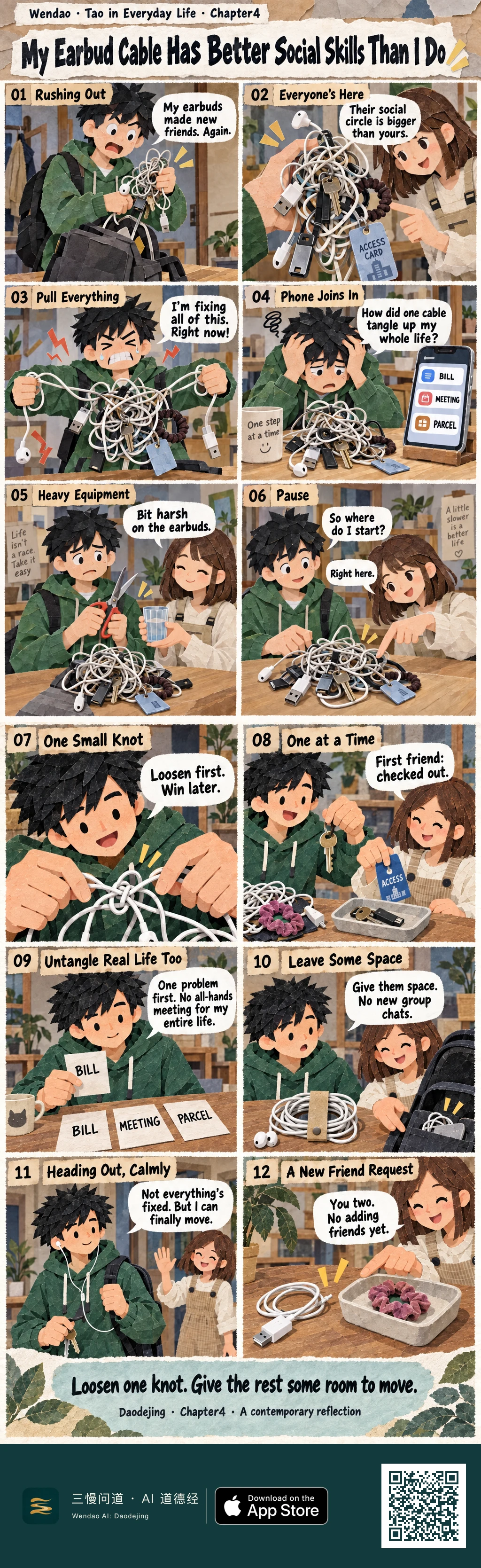A twelve-panel torn-paper collage comic follows a man in a green hoodie and a woman in cream overalls dealing with a tangled bundle of earbuds, a USB cable, keys, an access card, and a pink hair tie. He first pulls at the knot, gets overwhelmed by BILL, MEETING, and PARCEL notifications, and considers scissors. She redirects him to one small knot. The keys and access card are freed, the daily tasks are separated onto paper slips, the earbuds are coiled with a cable tie, space is left in the backpack, and he heads out saying he can finally move. In the final panel, she points between the loose USB cable and hair tie and jokes that they should not add each other as friends yet.
