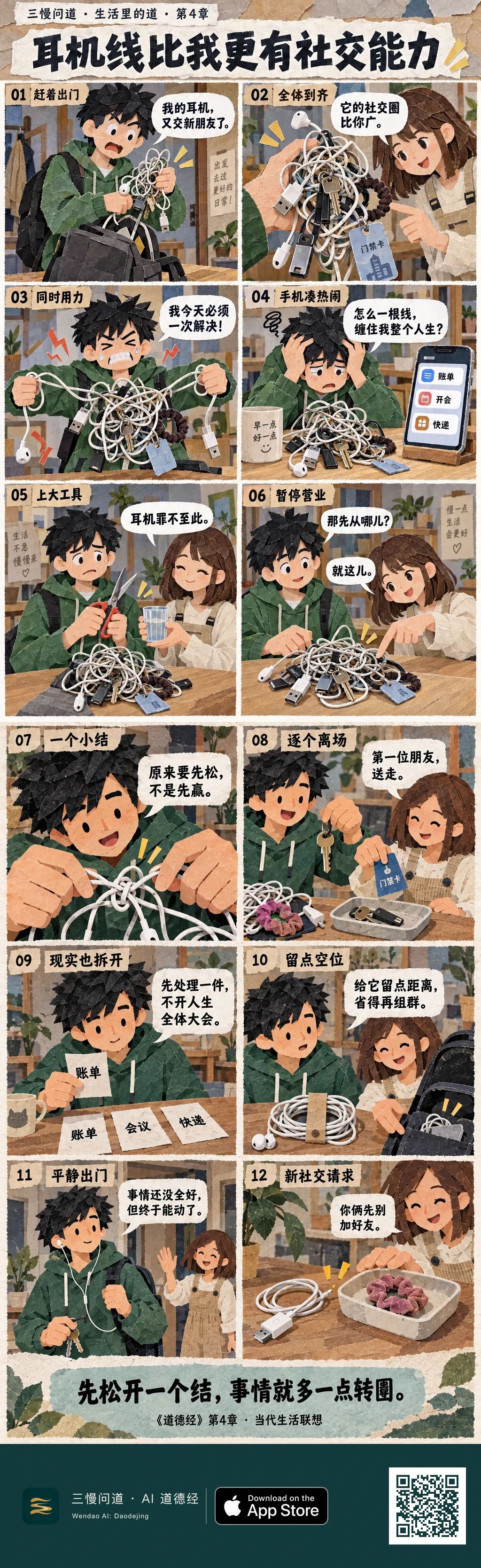 十二格纸艺拼贴漫画:阿结被耳机和钥匙缠住,越拉越紧,几乎拿出剪刀。阿松陪他从一个小结开始,把事情逐个拆开,给耳机和生活都留出一点空间。底部为三慢问道 App Store 标识与本篇 H5 二维码。