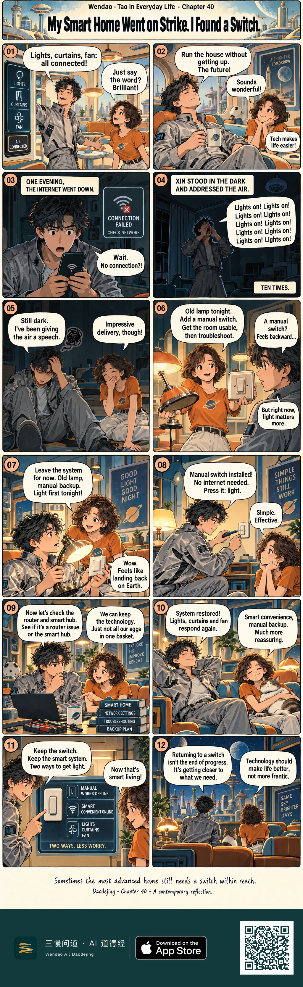 A twelve-panel retro-futurist comic shows Xin, a tousled dark-haired man in a grey jumpsuit, proudly demonstrating a fully connected smart apartment to a short-haired woman in an orange planet shirt. When the internet fails, he repeatedly shouts "Lights on!" into a dark room and jokes that he has been giving the air a speech. The woman brings an old bronze lamp and a manual wall switch, restoring light before they troubleshoot the router and smart hub. After the smart system returns, they keep both manual and connected controls. The final scene shows the pair and a cat facing a glowing futuristic city while the lamp shines beside them.