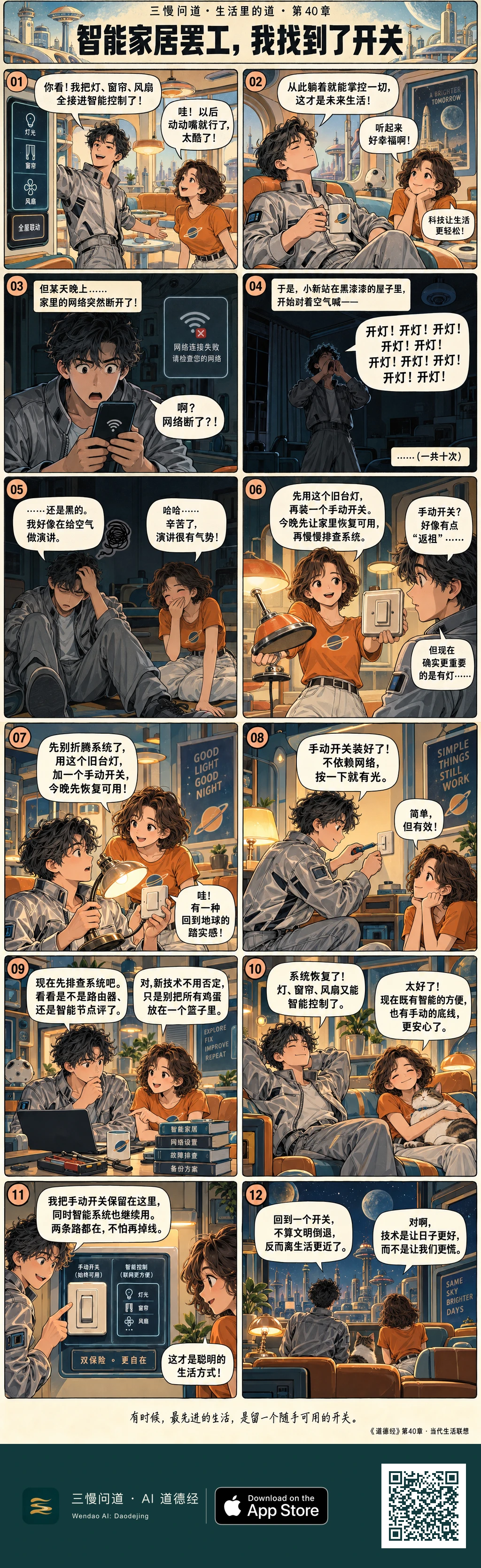 小新将灯、窗帘和风扇接入智能系统,断网后却在黑屋里反复喊开灯。朋友递来台灯,两人先恢复照明再排查网络。系统修好后,他们同时保留手动开关和智能控制,坐回沙发望着未来城市。底部为三慢问道 App Store 标识与本篇 H5 二维码。