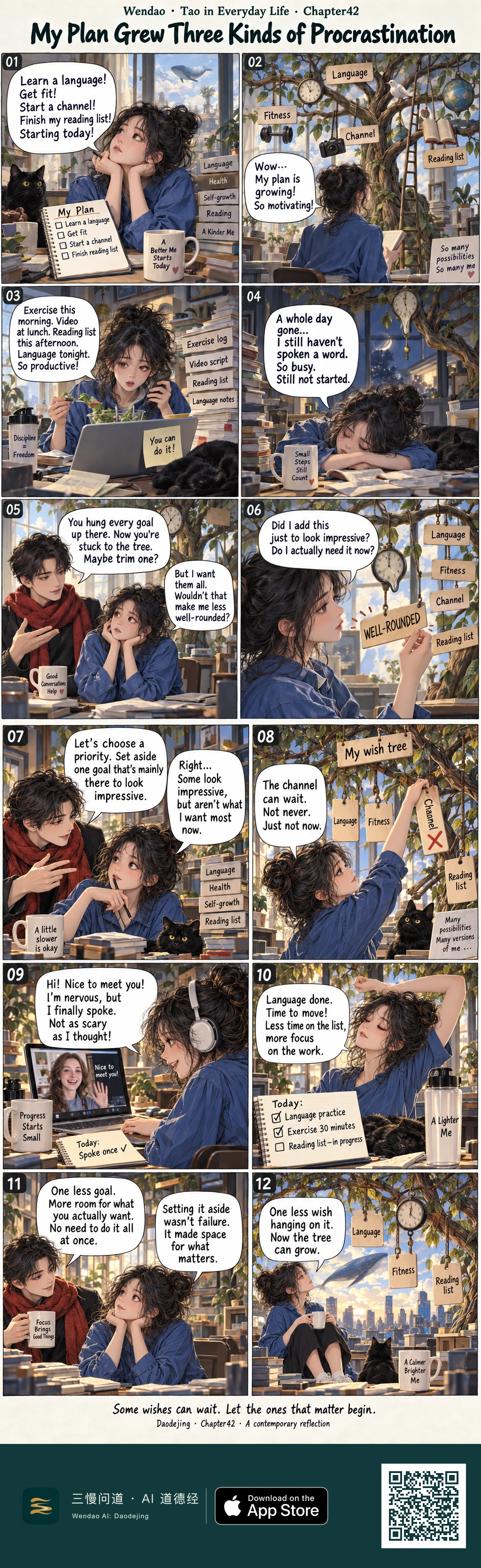A twelve-panel surreal comic follows a woman in blue whose four ambitions grow into a literal goal tree. After a packed day leaves her exhausted and still not speaking her target language, a man in a red scarf helps her question the "WELL-ROUNDED" goal. She removes the "Channel" tag, speaks "Hi! Nice to meet you!" to a teacher on her laptop, checks off language practice and thirty minutes of exercise, and ends beneath the tree with her black cat, a mug, three remaining goal cards, melting clocks, and a peaceful city skyline.