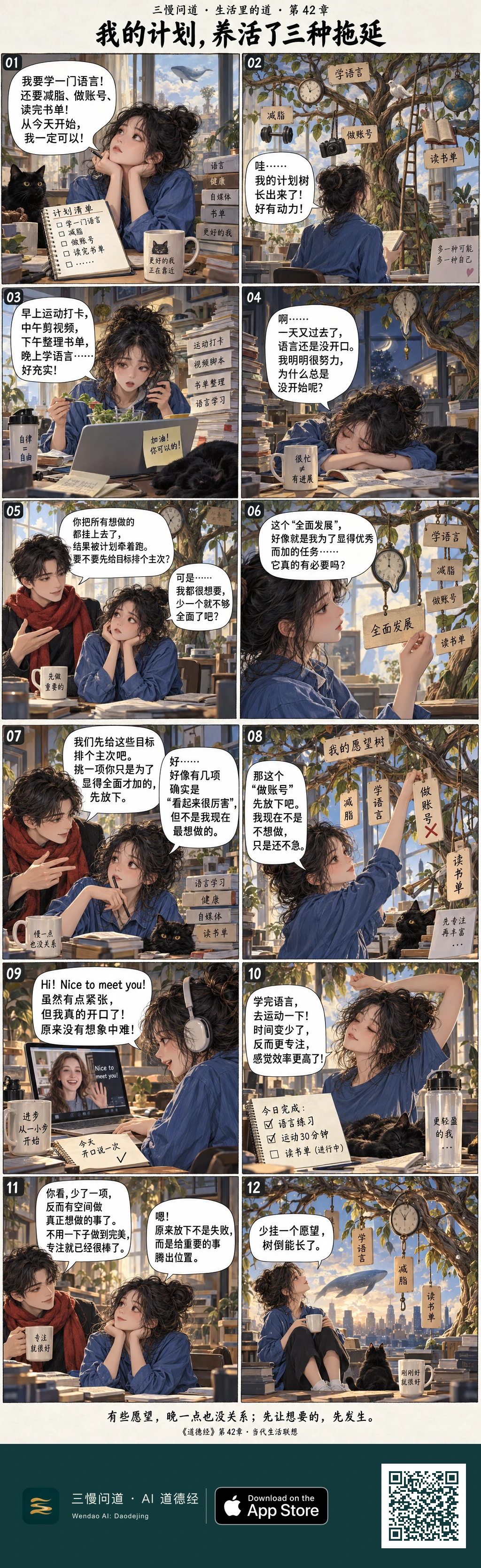 超现实主义十二格漫画:女孩的语言、运动、自媒体和阅读计划长成愿望树,忙碌和软化的时钟让她累倒。朋友提醒后,她摘下暂时不想做的账号目标,完成第一次英语开口与运动,最后捧杯看着能继续生长的树。底部为三慢问道 App Store 标识与本篇 H5 二维码。