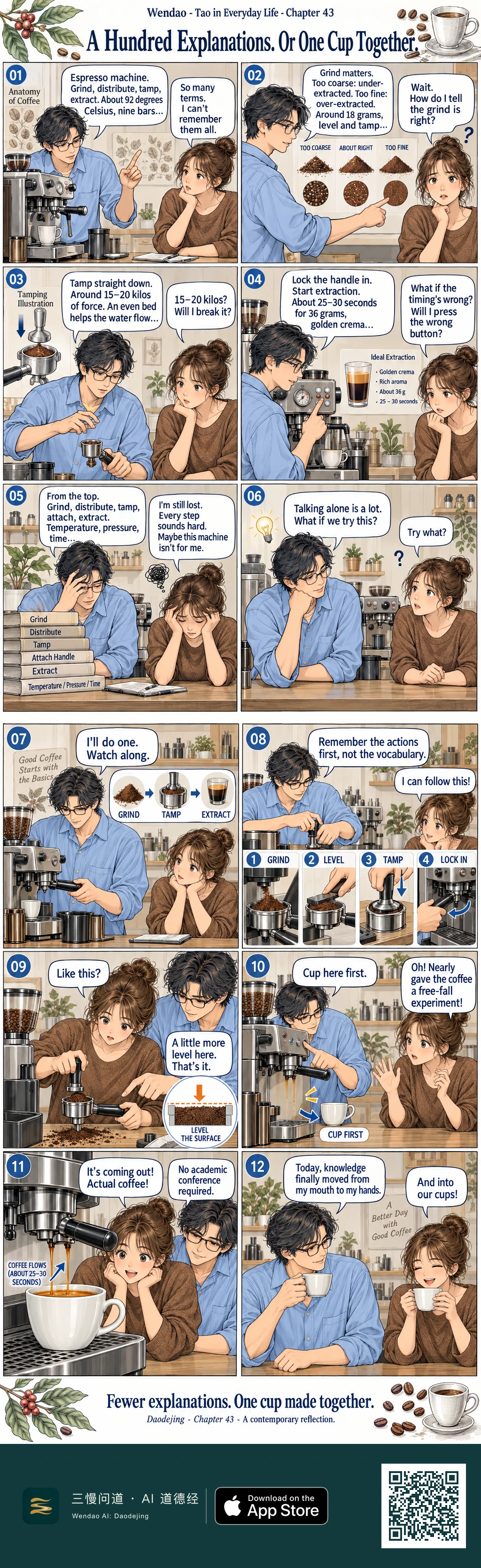 Two-page, twelve-panel illustrated comic in a warm cream-and-blue botanical café setting. A glasses-wearing man in a blue shirt first overwhelms a bun-haired woman in a brown sweater with espresso terminology, grind diagrams, tamping force, timing, and stacked instruction books. He then switches to demonstrating the actions on a silver espresso machine. She grinds, levels, tamps, spills some grounds, nearly forgets the cup, successfully pulls a shot, and finally sits with him drinking coffee. The ending reads: "Fewer explanations. One cup made together."