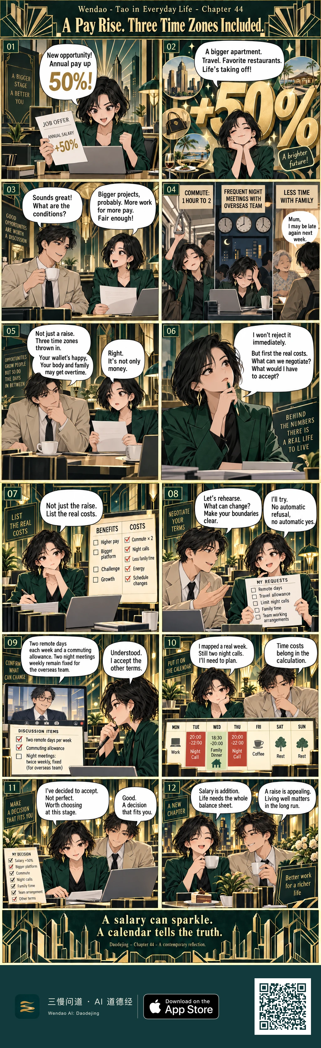 Two-page, twelve-panel Art Deco comic in dark green and gold. A short black-haired woman in an emerald suit receives a job offer with a 50% salary increase and imagines a bigger apartment, travel and restaurants. A dark-haired man in a cream suit asks about the conditions, leading to scenes of a doubled commute, overseas night meetings, three clocks and reduced family time. The woman lists benefits and costs, rehearses negotiation requests, speaks with a recruiter by video, wins two remote days and a commuting allowance, accepts two fixed weekly night calls, maps the arrangement onto a weekly calendar, and ultimately accepts the offer. The final scene shows the woman and man smiling over coffee and cake beneath the closing line, "A salary can sparkle. A calendar tells the truth."