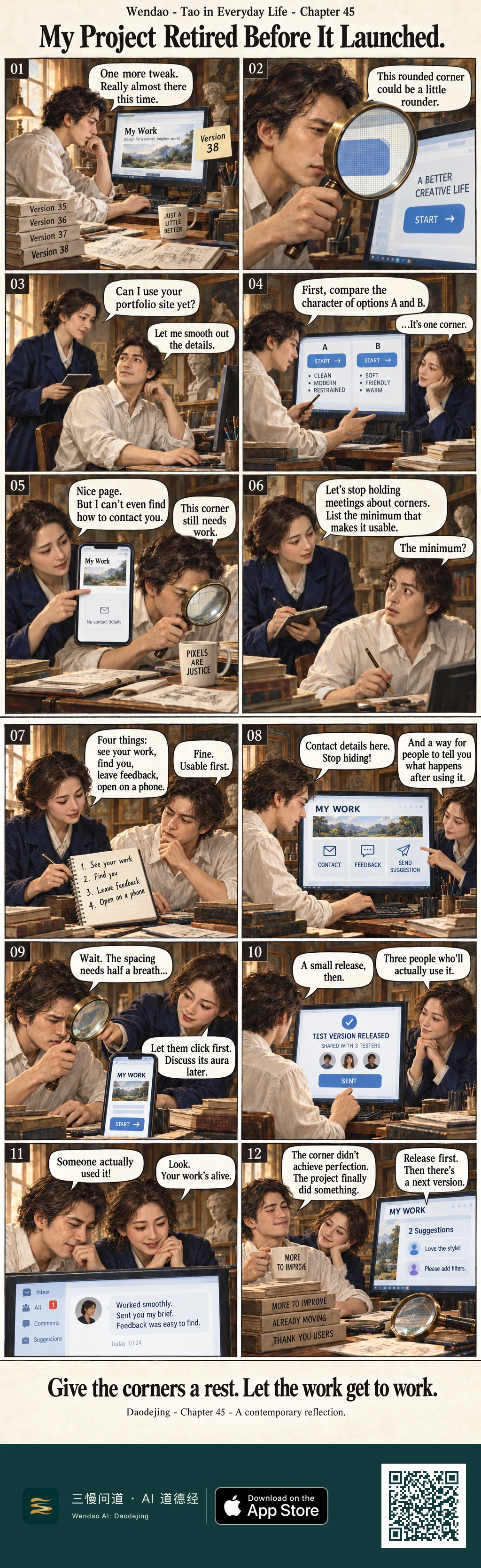 A twelve-panel, warm brown oil-painted comic set in an antique book-filled design studio. A tousled brown-haired man in a cream shirt repeatedly refines a portfolio website, examining a blue button through a large brass magnifying glass and comparing nearly identical rounded corners. A brown-haired woman in a navy jacket tests the site on a phone, points out that it has no contact details, writes a four-item minimum-usability checklist, and encourages a small release. The site gains contact and feedback options, is shared with three testers, receives a successful user message and two suggestions, and ends with the magnifying glass resting on the desk beside books labeled "MORE TO IMPROVE," "ALREADY MOVING," and "THANK YOU USERS."