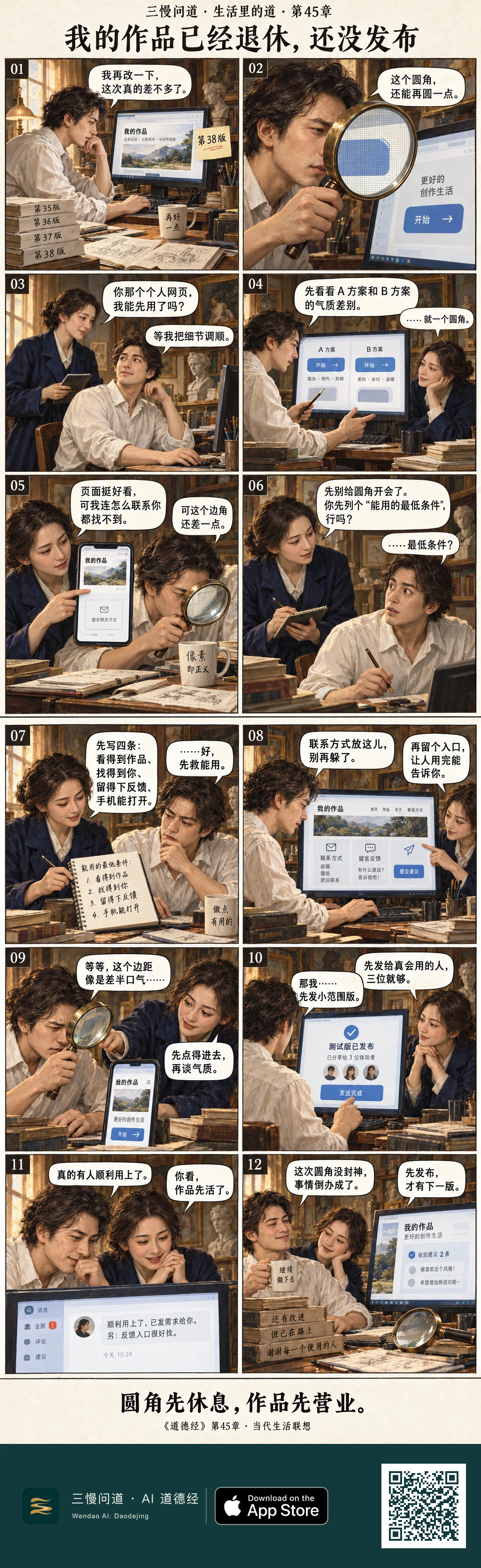 小完把个人网页改到第38版,还用巨大放大镜研究圆角。朋友发现页面没有联系方式,便和他列出最低可用条件,补上联系、反馈和手机版入口,先发给三人测试。有人顺利用上并留下建议,放大镜终于被放下。底部为三慢问道 App Store 标识与本篇 H5 二维码。