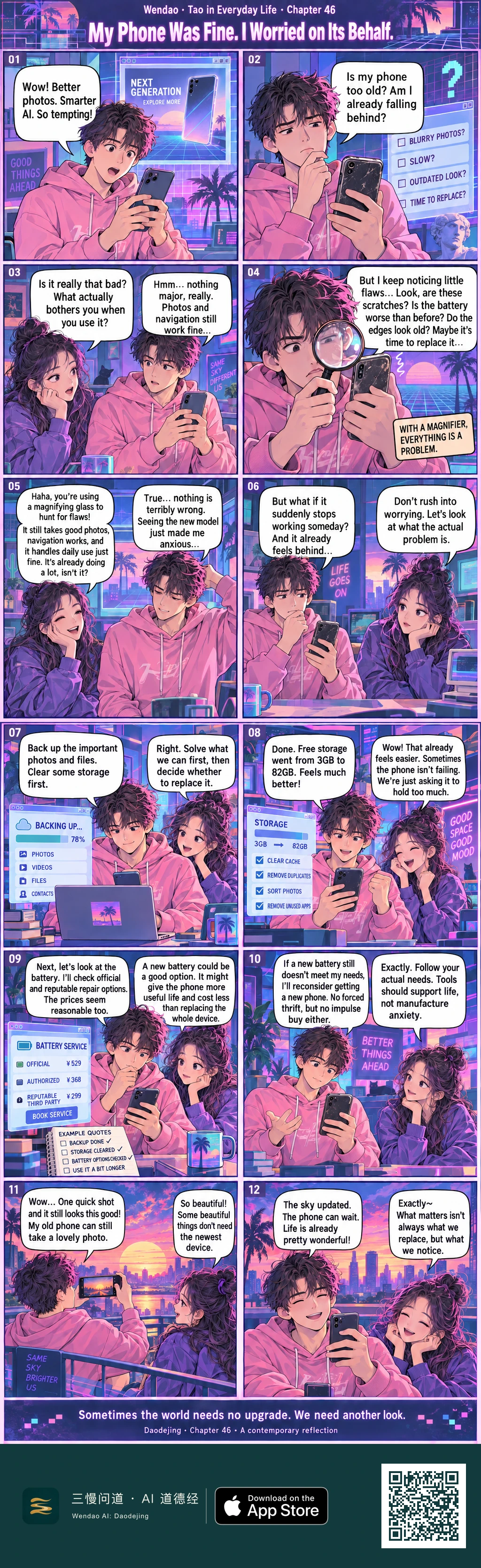 A two-page, twelve-panel vaporwave comic in purple, pink, and blue neon. A tousle-haired man in a pink hoodie sees a next-generation phone advertisement, worries that his scratched phone is obsolete, and even inspects it with a magnifying glass while a woman in a purple jacket questions what is actually wrong. They back up files on a laptop, clear storage from 3GB free to 82GB free, review fictional battery-service quotes, and agree to reconsider a new phone only if practical fixes still do not meet his needs. At sunset, he photographs the skyline with his old phone and is surprised by the beautiful result. The final panel shows both characters smiling as the comic closes with the idea that sometimes the world needs no upgrade; we need another look.