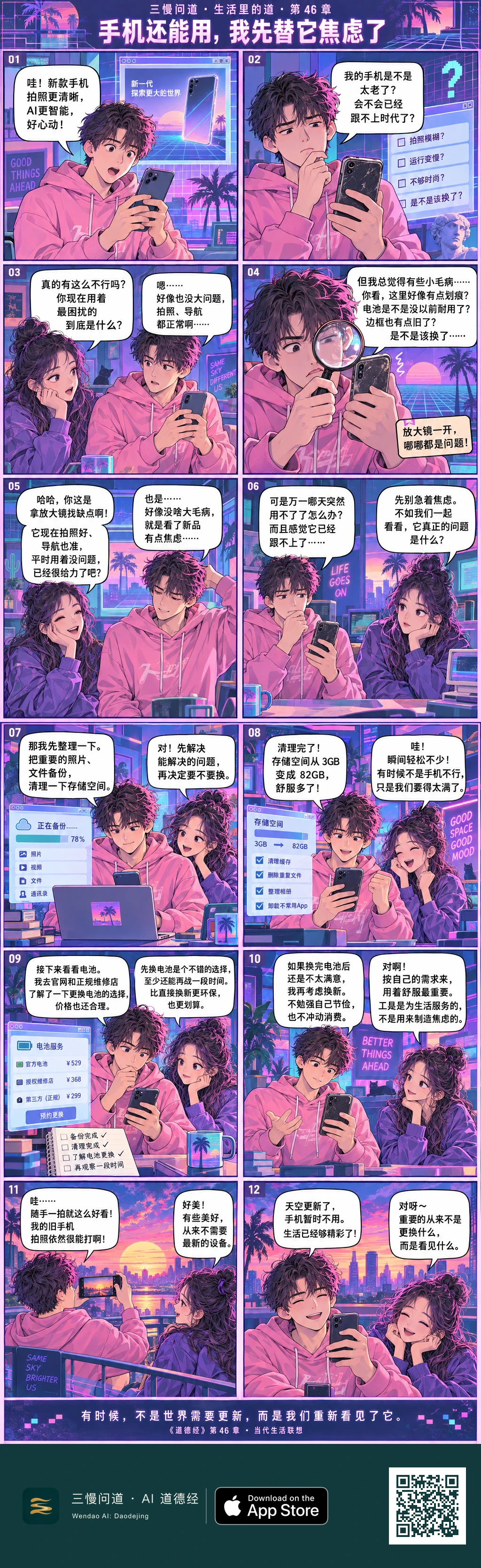 小换看新品后嫌旧手机落伍,还拿放大镜找毛病。朋友陪他备份清存储、了解换电池方案。处理实际问题后,两人看晚霞,小换用旧手机拍照,笑说:“天空更新了,手机暂时不用。”底部为三慢问道 App Store 标识与本篇 H5 二维码。