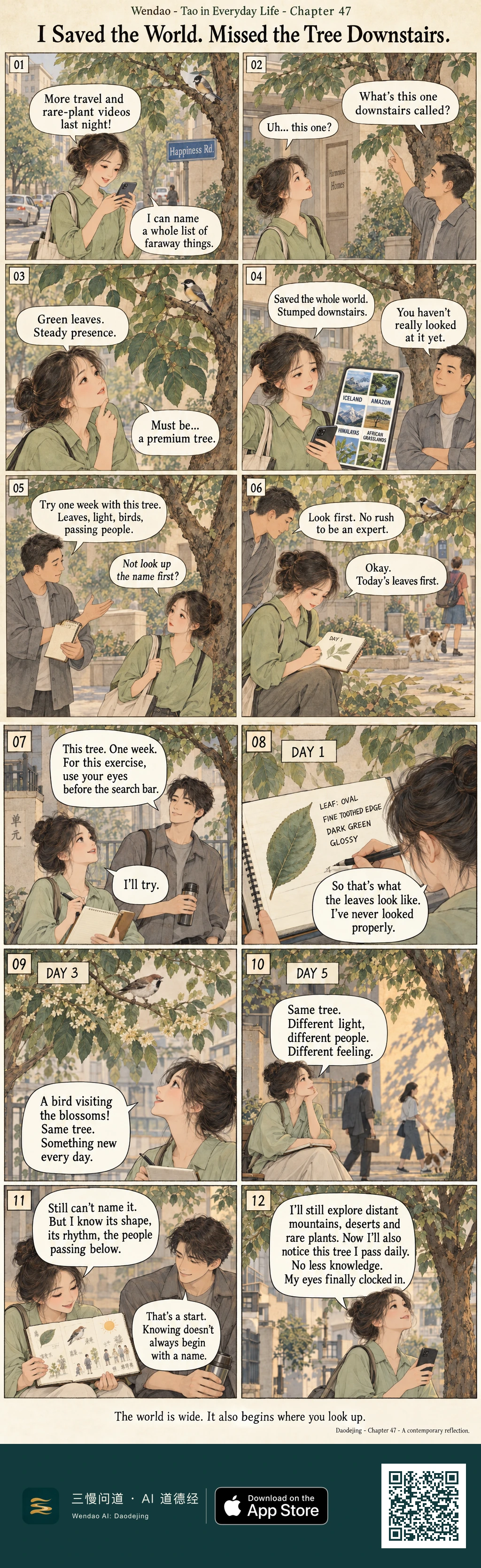 Two-page, twelve-panel watercolor-and-ink comic in warm cream and muted green tones. A woman in a green blouse with a canvas tote scrolls on her phone beneath a neighborhood tree while a man in a gray shirt asks her its name. Unable to answer, she jokes that it must be a premium tree. He challenges her to spend one week observing it before searching for its name. She keeps a journal, studies a glossy oval leaf on DAY 1, notices a bird among blossoms on DAY 3, and watches changing light, pedestrians and a dog on DAY 5. At the end of the week she shows the man her illustrated notebook and admits she still cannot name the tree, but now knows its shape, rhythm and the people passing beneath it. He tells her that knowing does not always begin with a name. In the final panel she looks up at the tree with her phone in hand, saying she will still explore distant places while also noticing what she passes every day.
