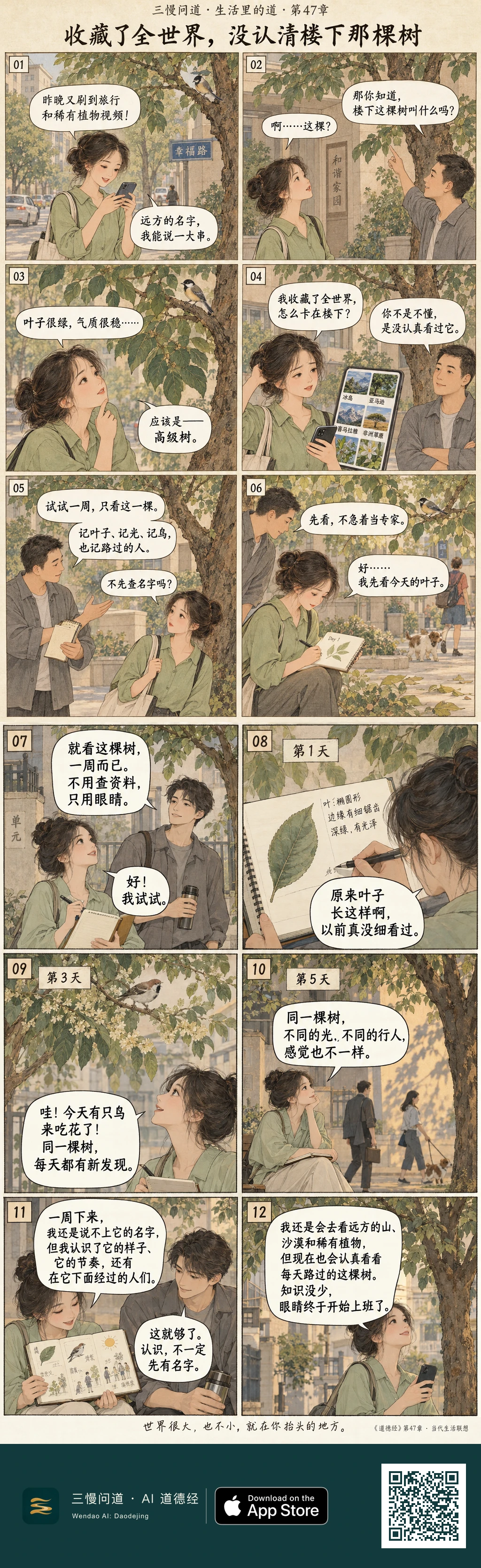 小远熟知远方旅行与稀有植物,却认不出楼下的树。邻居请她连续观察一周,她用本子记录叶子、鸟、光线和路人。最后她仍喜欢远方,也开始认真抬头看每天经过的这棵树。底部为三慢问道 App Store 标识与本篇 H5 二维码。