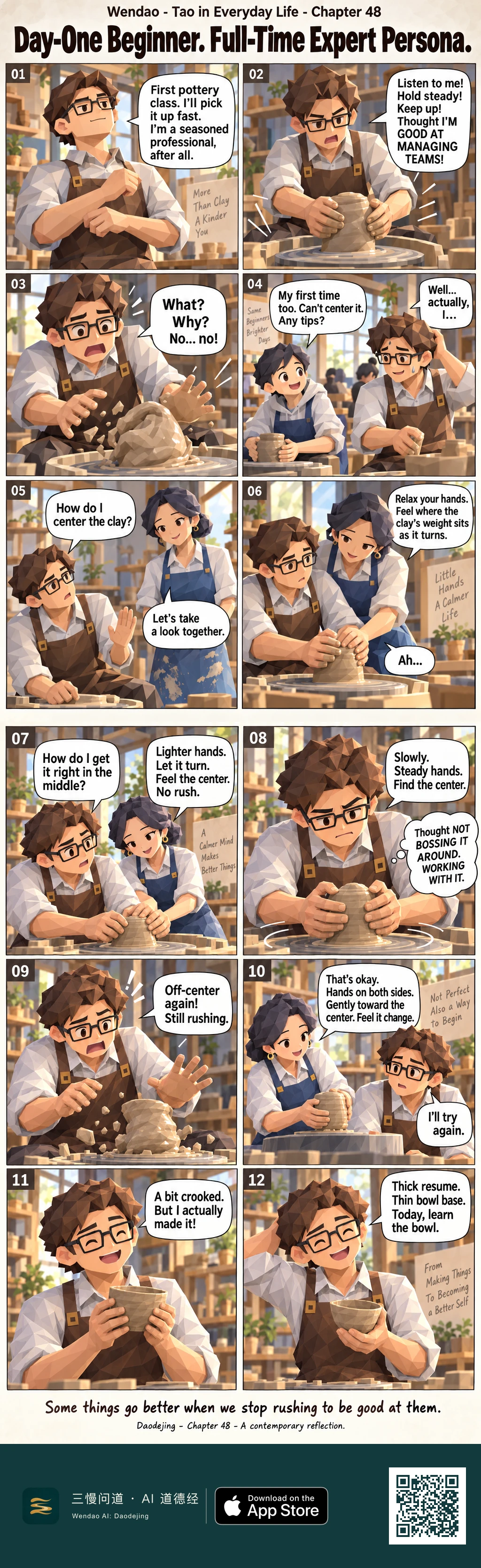 A two-page, twelve-panel low-poly comic in a warm pottery studio. A brown-haired man with glasses and a brown apron starts his first pottery class by confidently treating the spinning clay like a team he can manage, only for the pot to collapse. A fellow beginner exposes his lack of experience with a friendly question, after which he asks a dark-haired teacher in a blue apron for help. She guides his hands, tells him to relax, feel the clay's weight, and move gently toward the center. He fails again, tries once more, and finally holds up a slightly crooked handmade bowl with a broad smile. The story ends with the joke, "Thick resume. Thin bowl base. Today, learn the bowl," and the closing reflection, "Some things go better when we stop rushing to be good at them."