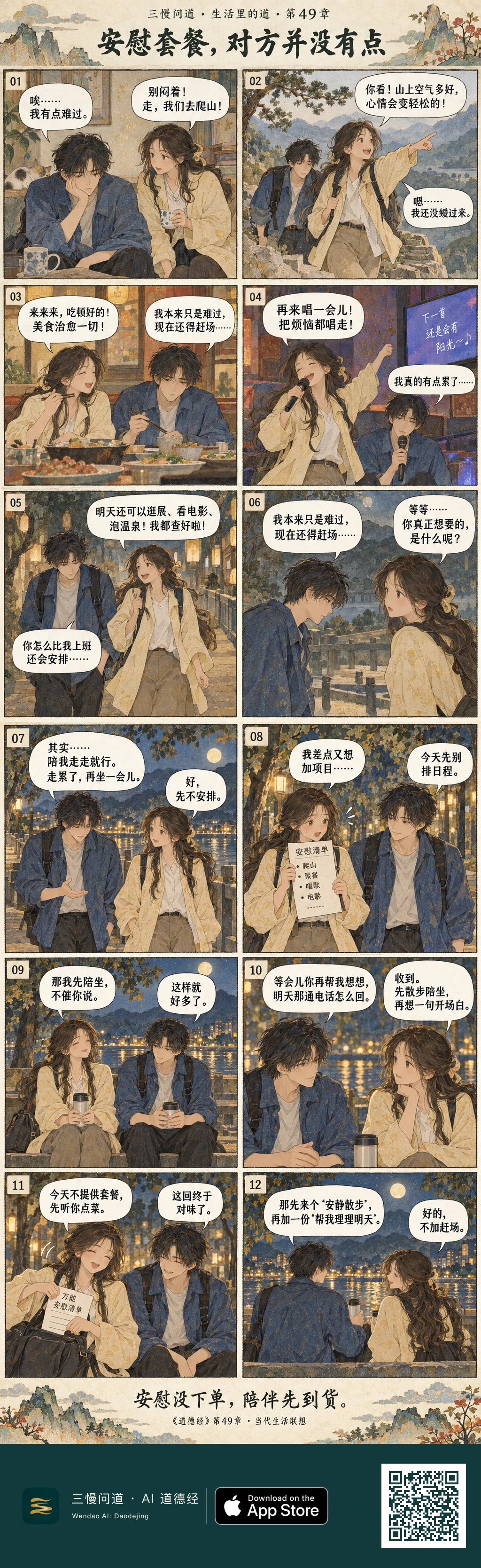 小难失落,小暖拉他爬山、聚餐、唱歌,还计划第二天行程。小难累得说自己像在赶场。小暖改为陪他散步、坐着听,之后再帮他准备明天的电话,并把“万能安慰清单”收进包里。底部为三慢问道 App Store 标识与本篇 H5 二维码。
