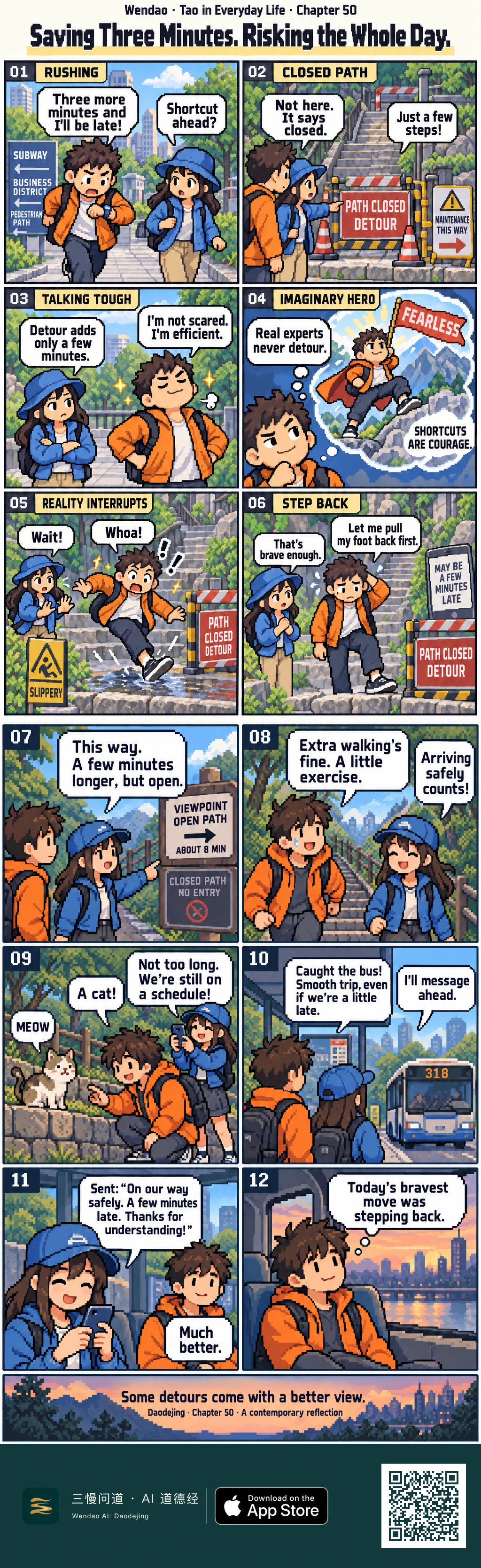 A twelve-panel pixel-art comic follows a brown-haired boy in an orange jacket and a girl in a blue hat and blue jacket through a hillside city route. The boy, worried about being late, considers entering a clearly closed path, imagines himself as a fearless shortcut hero, then nearly slips beside a puddle and a slippery warning sign. He steps back, and the pair choose an open route marked as about eight minutes. They walk together, pause briefly for a cat, reach Bus 318, send a message explaining that they will be a few minutes late, and end with the boy sitting on the bus at sunset, thinking that stepping back was his bravest move.