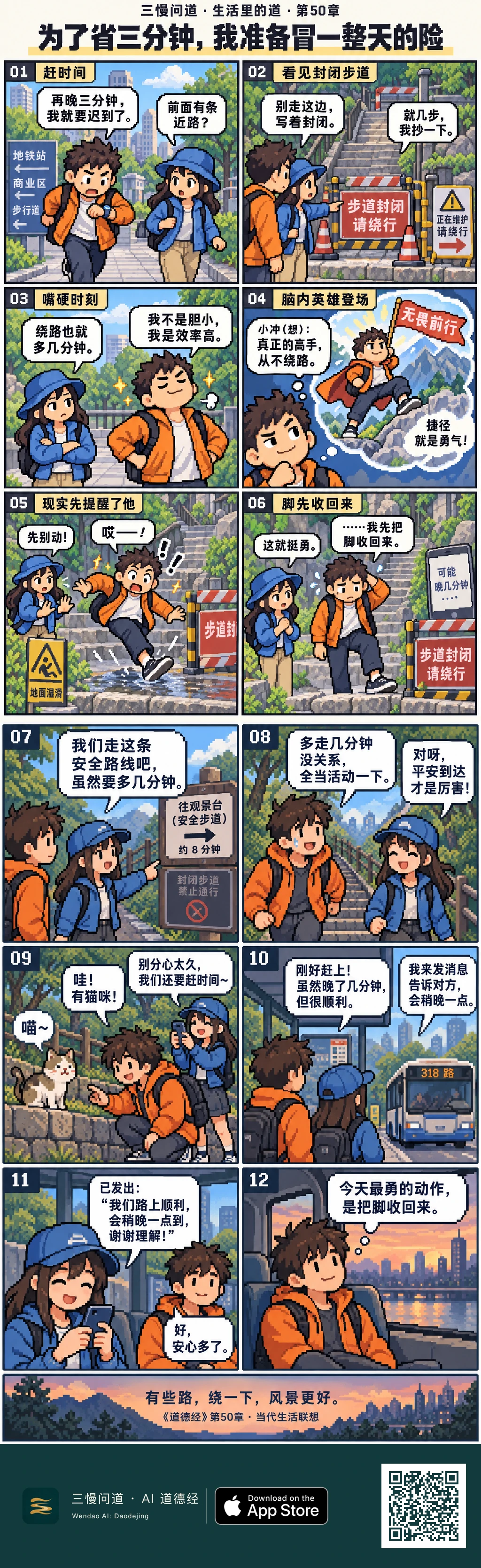 小冲赶时间想闯封闭步道,脑内把自己想成勇敢英雄,却因地滑及时停步。朋友陪他改走安全路线,两人看猫、赶上公交并告知会稍晚。车上,小冲笑说今天最勇的动作,是把脚收回来。底部为三慢问道 App Store 标识与本篇 H5 二维码。